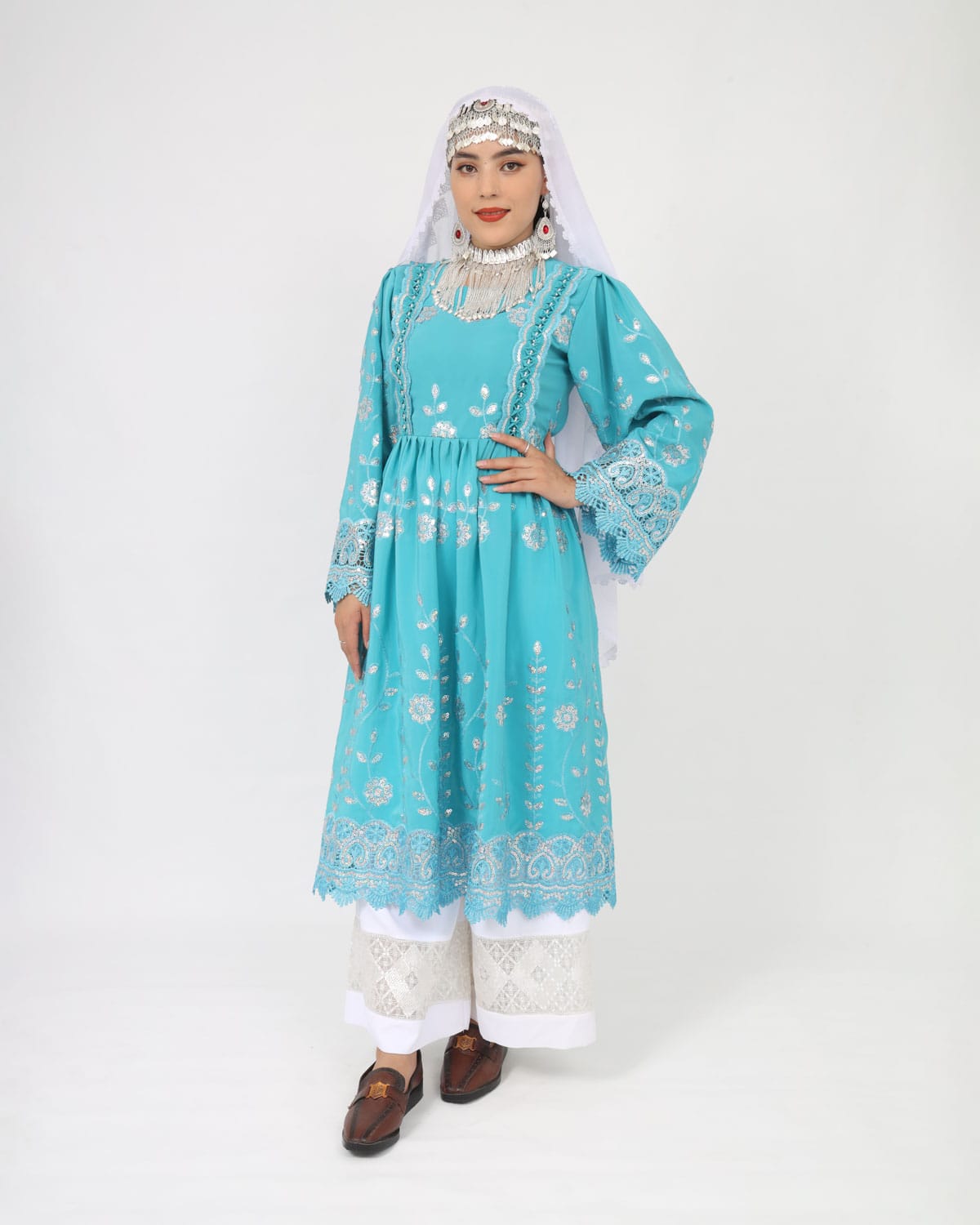 New Design Hazaragi Dress with Hand-Embroidered Shawl & Pants – Light Blue Crepe