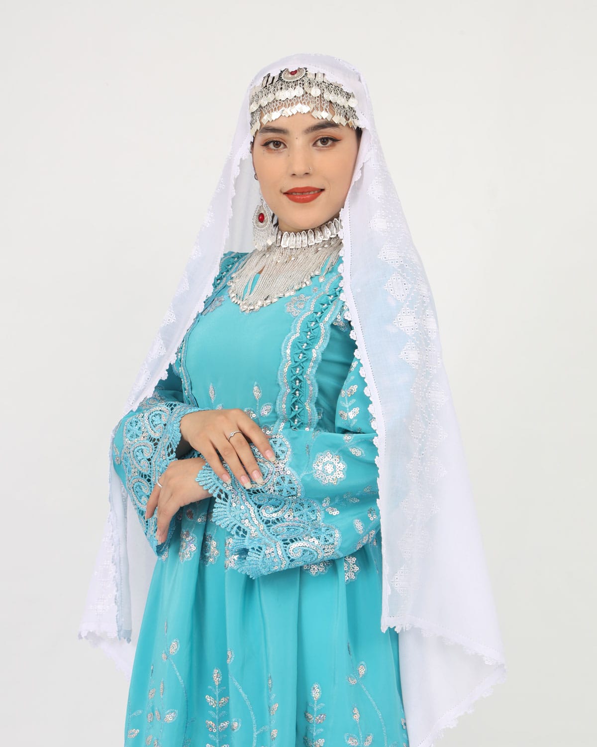 New Design Hazaragi Dress with Hand-Embroidered Shawl & Pants – Light Blue Crepe