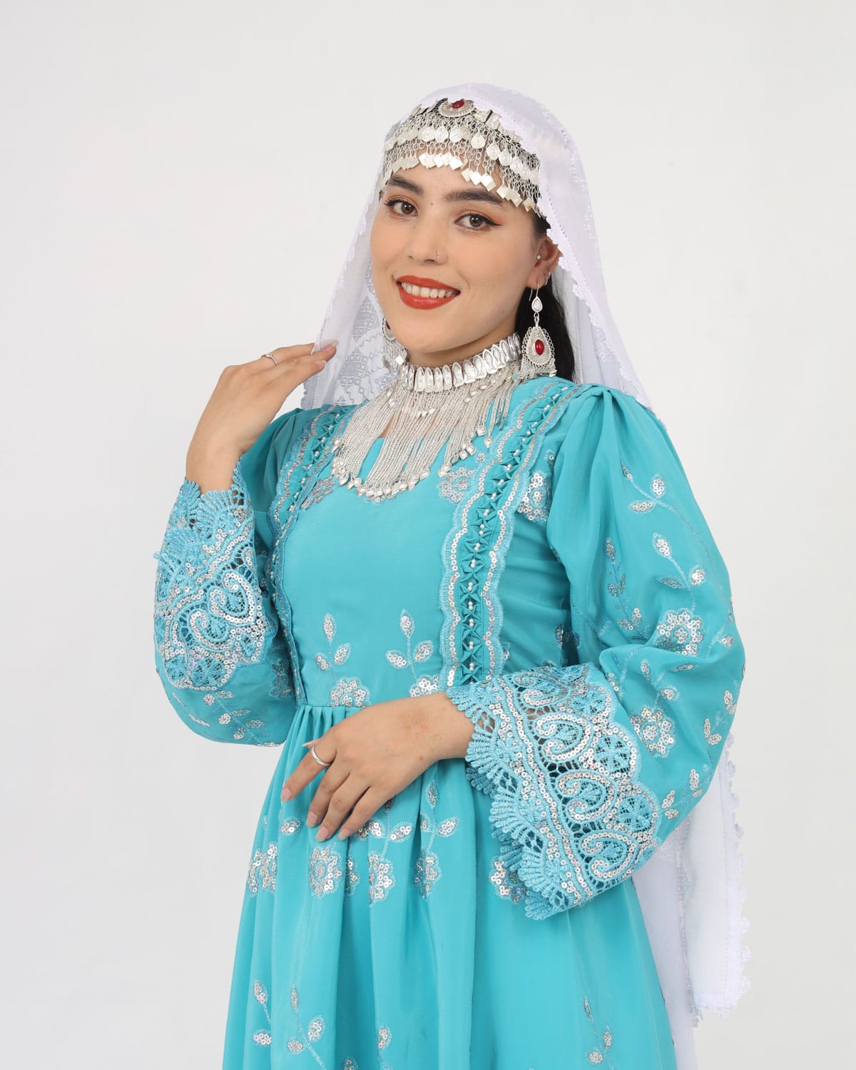 New Design Hazaragi Dress with Hand-Embroidered Shawl & Pants – Light Blue Crepe