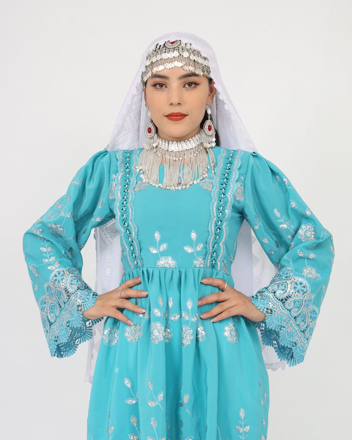 New Design Hazaragi Dress with Hand-Embroidered Shawl & Pants – Light Blue Crepe