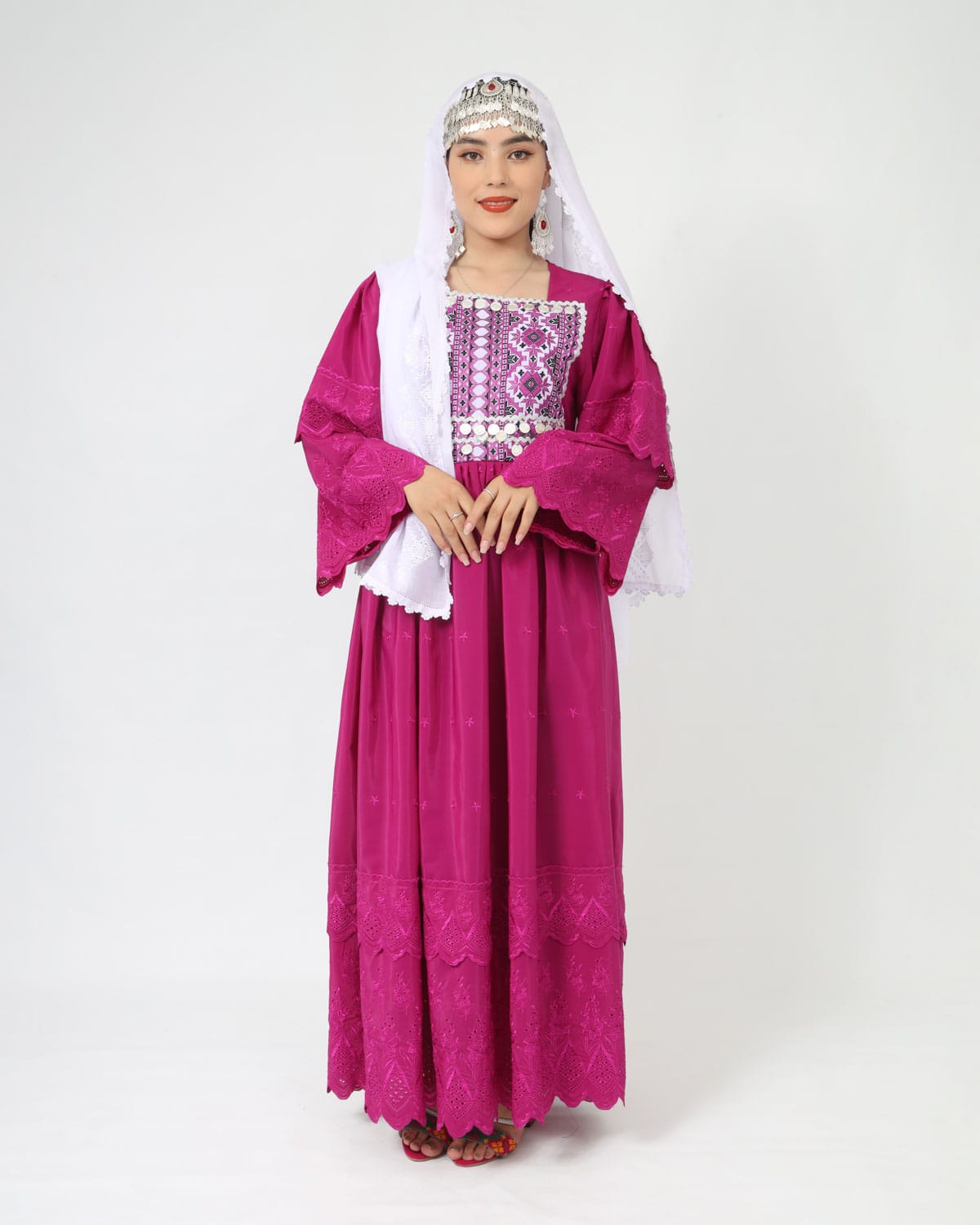 Hazaragi Design Pink Dress with Embroidered Shawl – Crepe Fabric