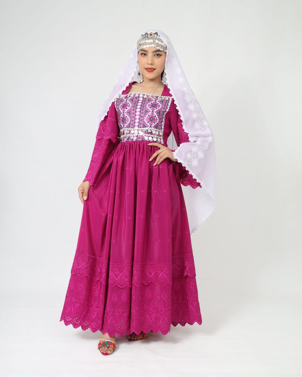 Hazaragi Design Pink Dress with Embroidered Shawl – Crepe Fabric