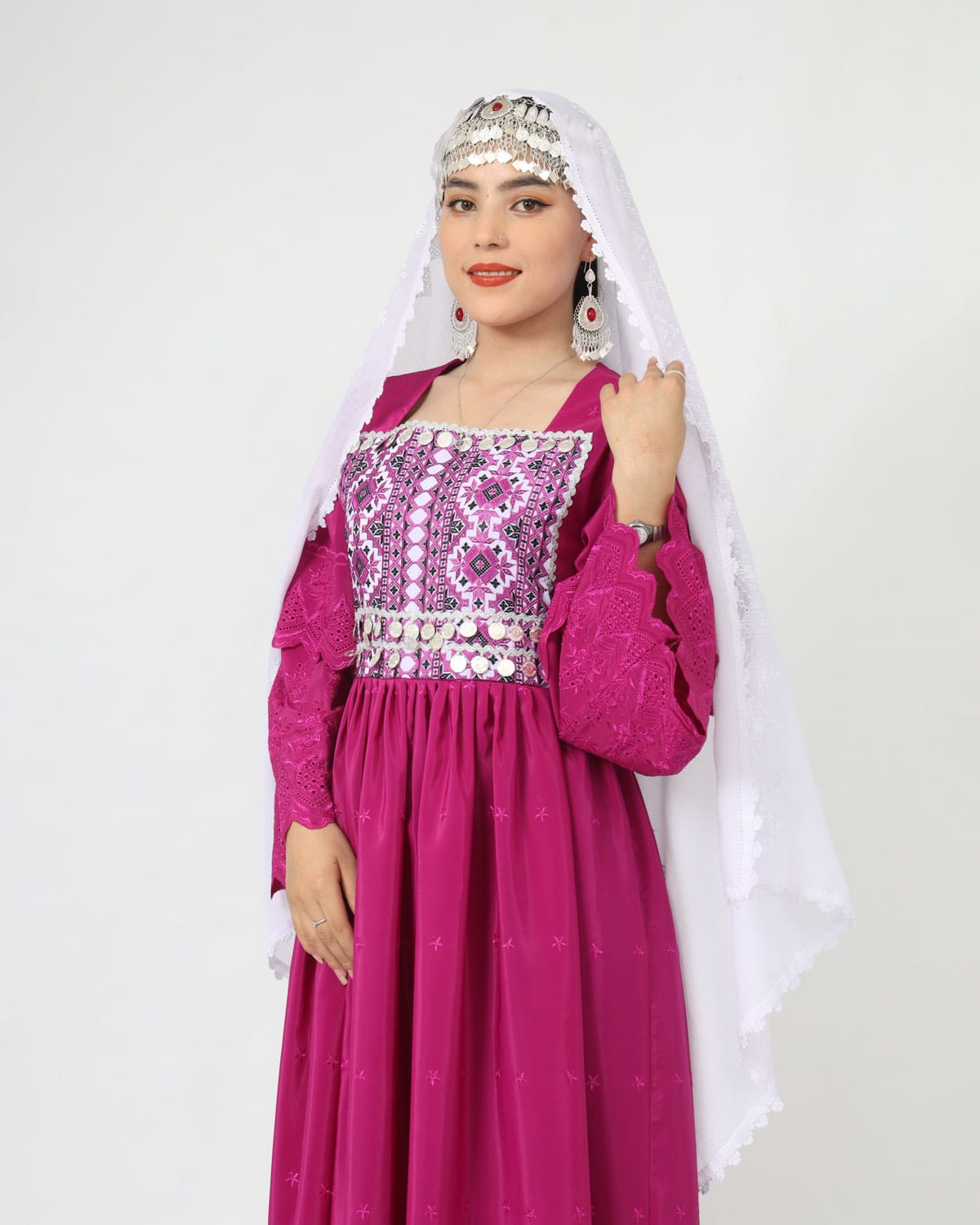 Hazaragi Design Pink Dress with Embroidered Shawl – Crepe Fabric