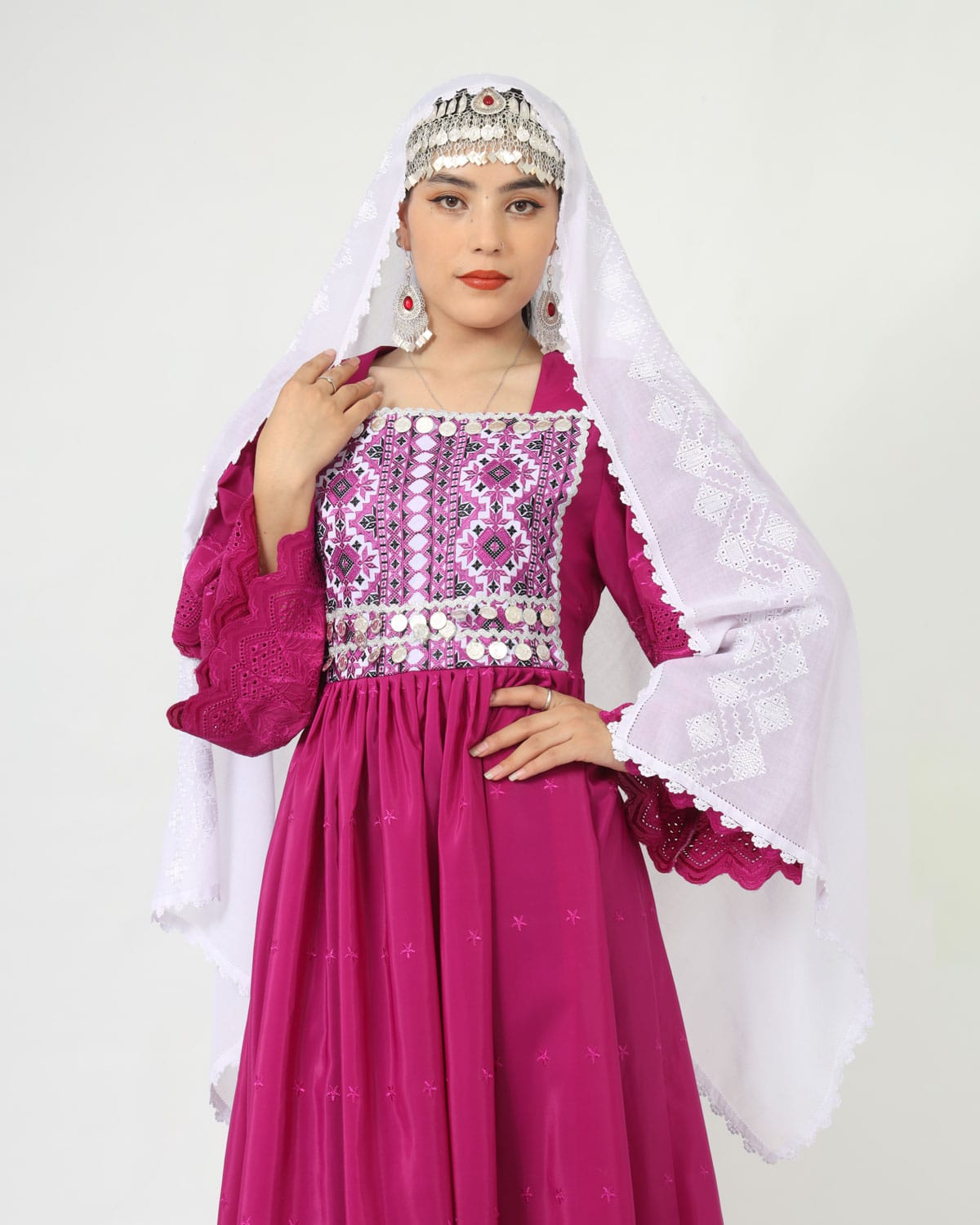 Hazaragi Design Pink Dress with Embroidered Shawl – Crepe Fabric