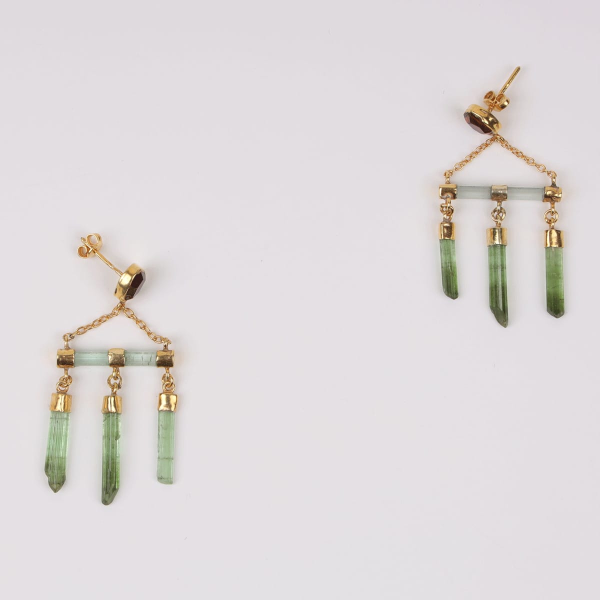 Forest Beam Earrings with Kunar Peridot and Garnet Stones, Gold-Plated Silver