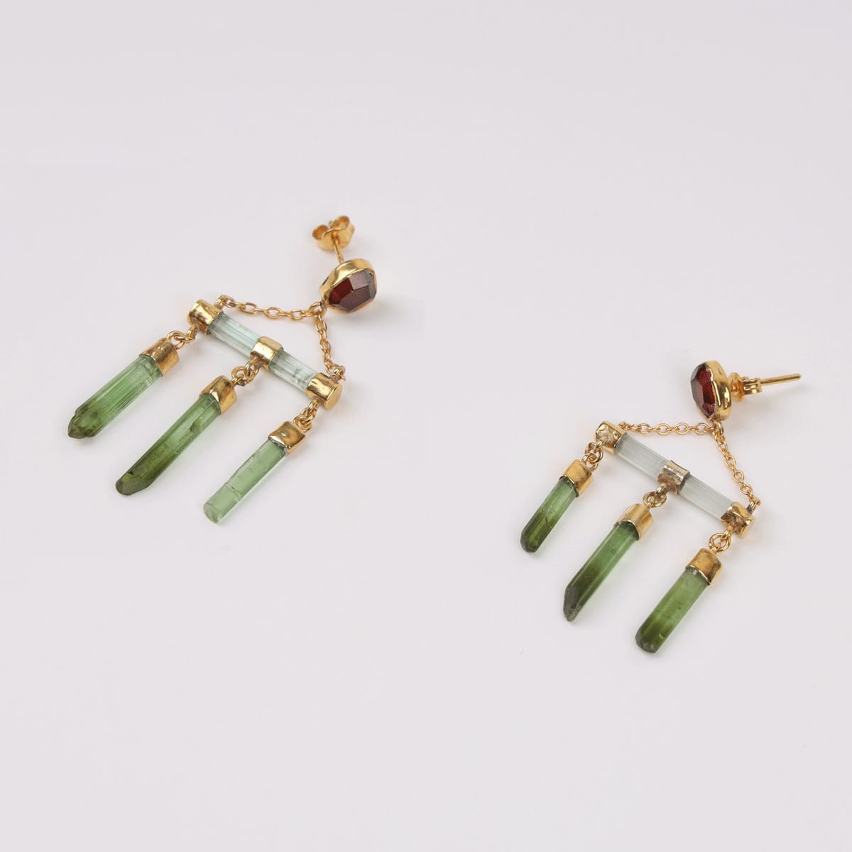 Forest Beam Earrings with Kunar Peridot and Garnet Stones, Gold-Plated Silver