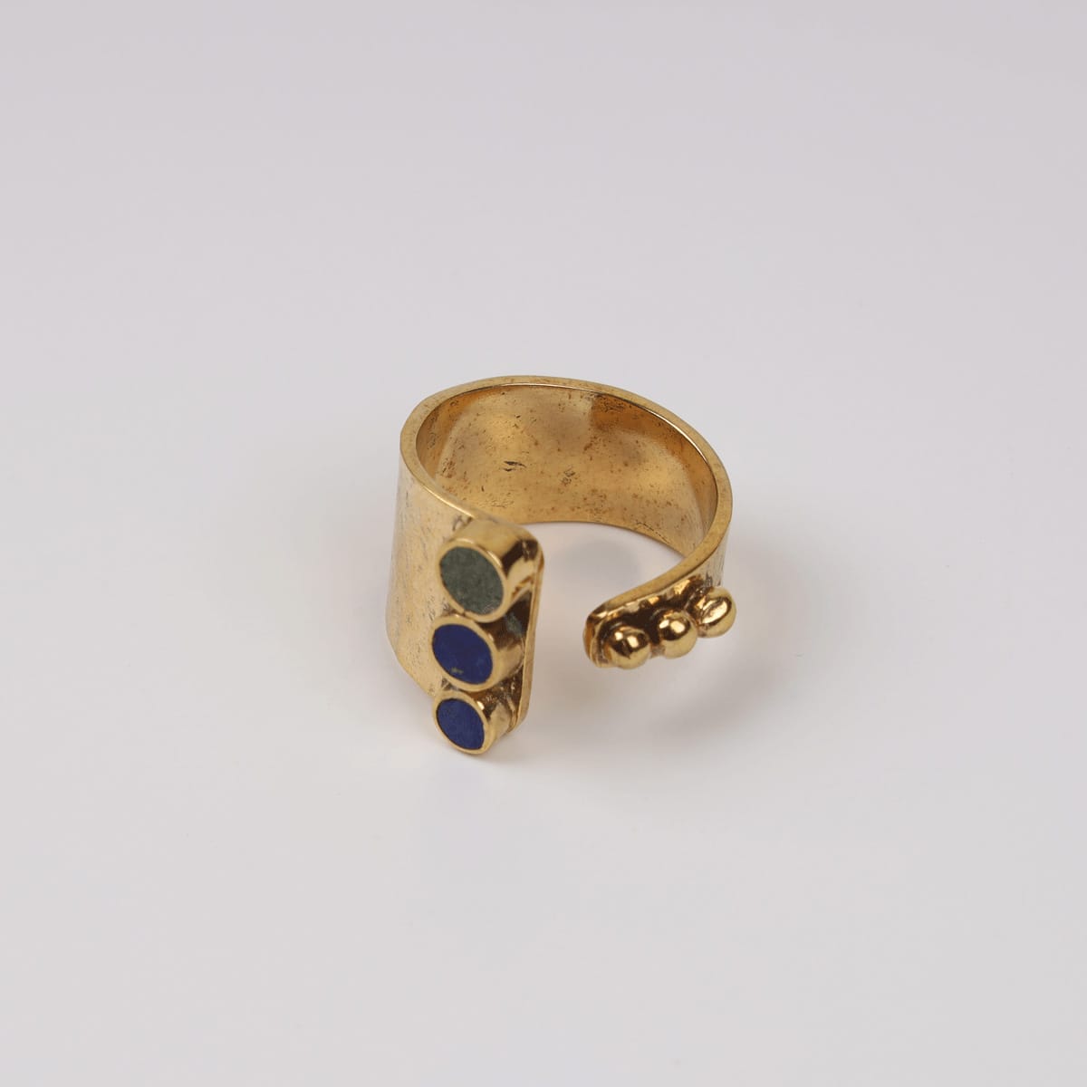 Unique Ring with Lapis Lazuli and Bamyan Turquoise, Gold-Plated Brass