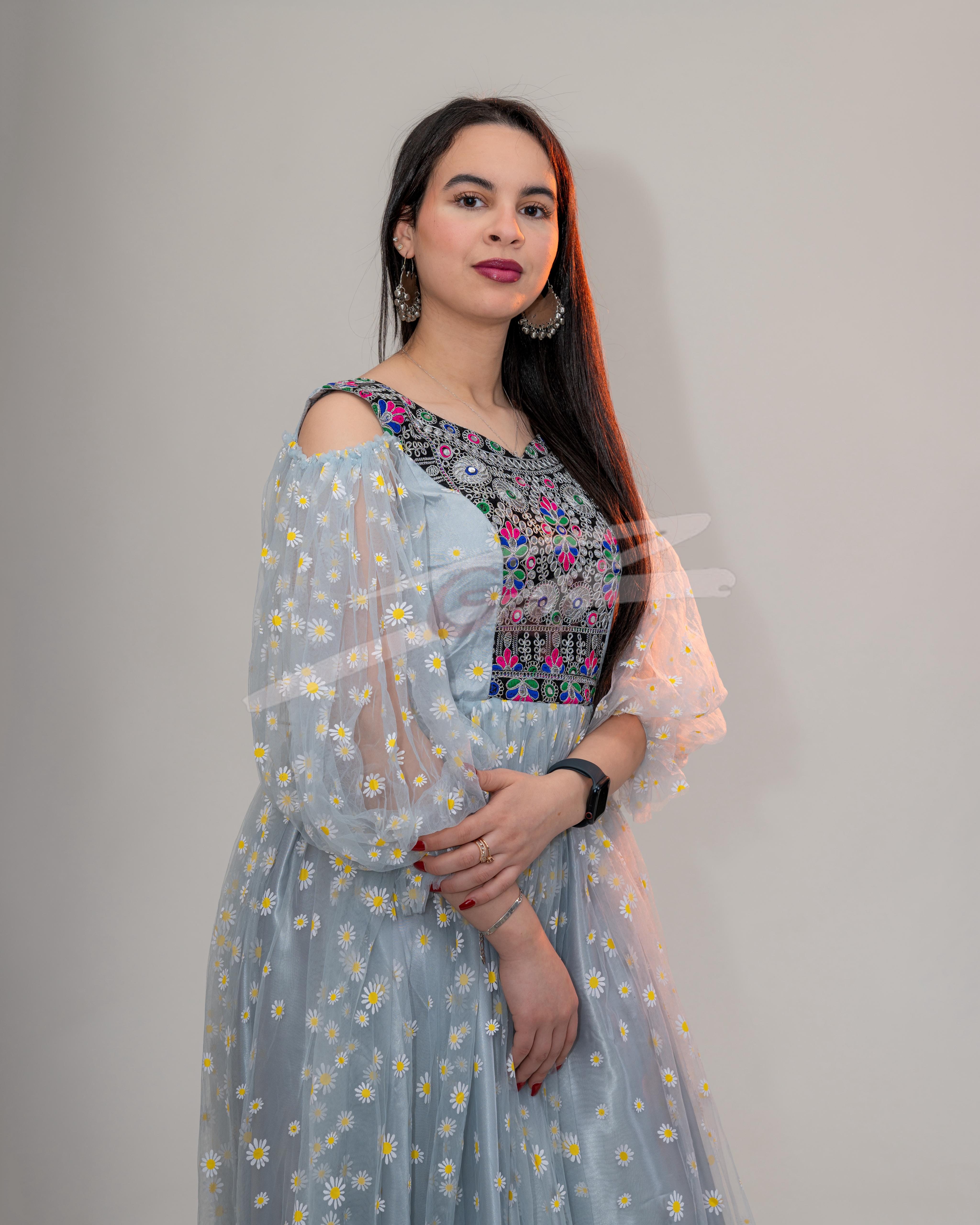 Elegant Jali Formal Women Dress Satin Jali Fabric