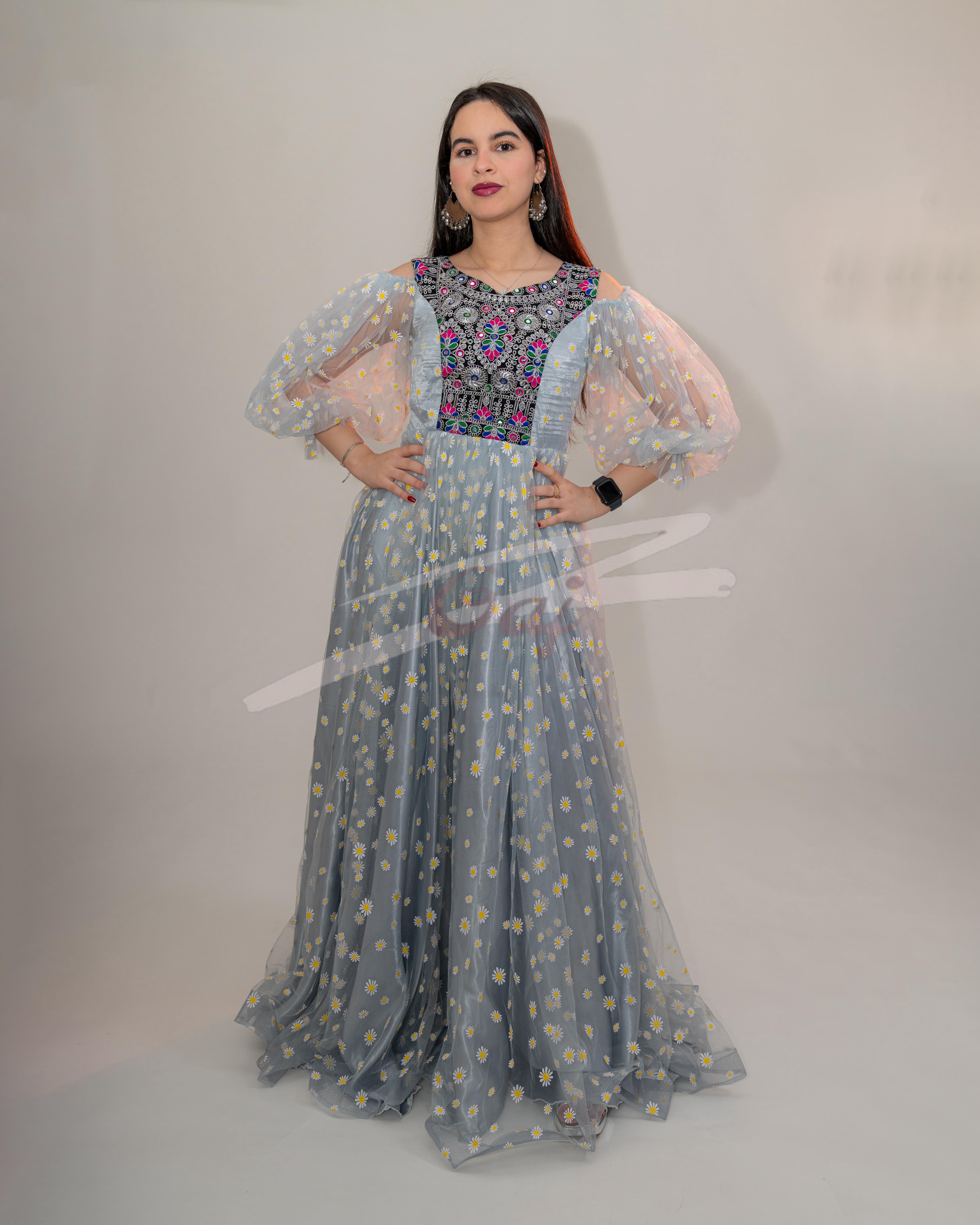 Elegant Jali Formal Women Dress Satin Jali Fabric