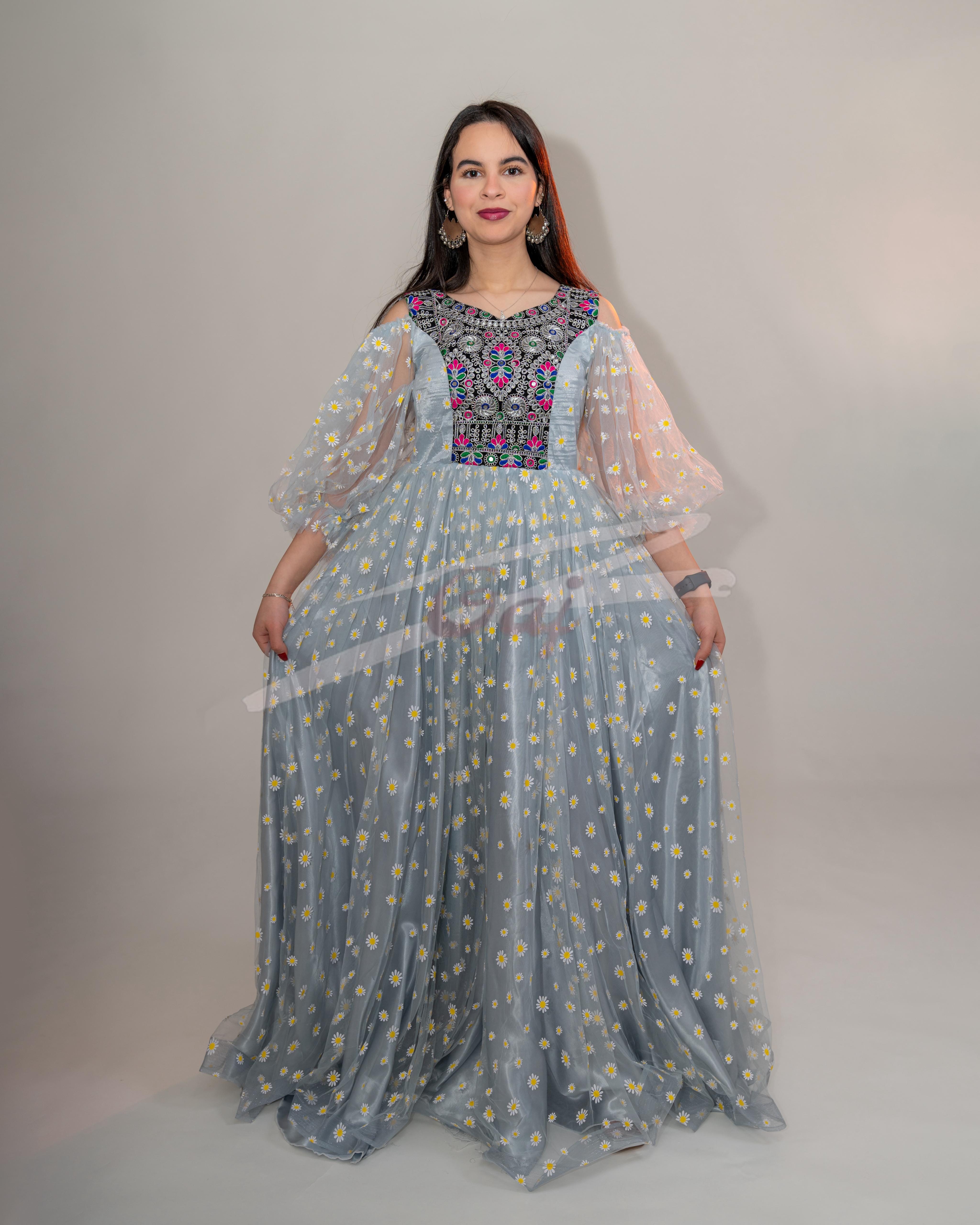 Elegant Jali Formal Women Dress Satin Jali Fabric