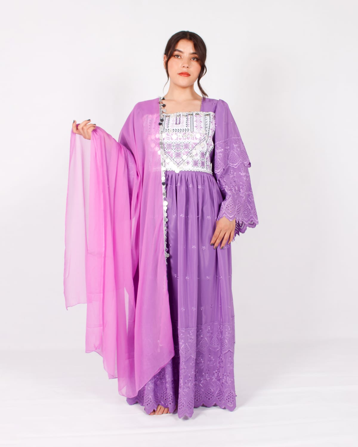 Lavender Afghani Traditional Dress with Silver Embroidery and Pink Scarf