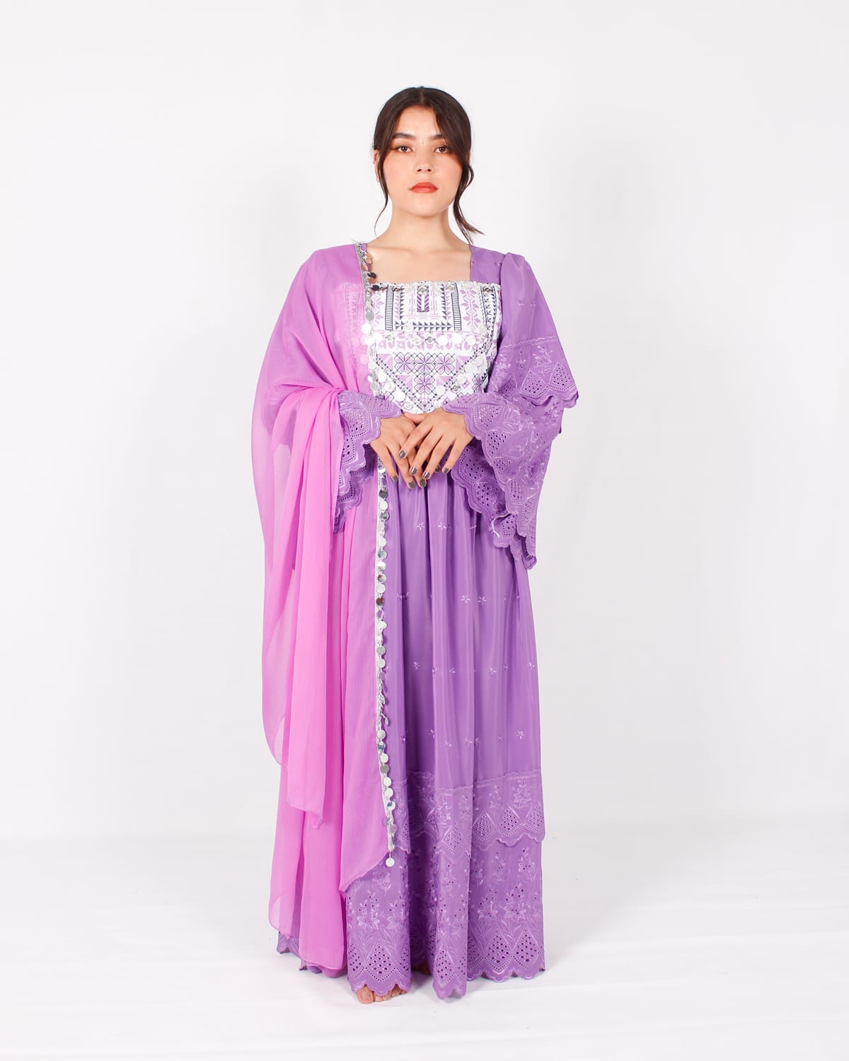 Lavender Afghani Traditional Dress with Silver Embroidery and Pink Scarf