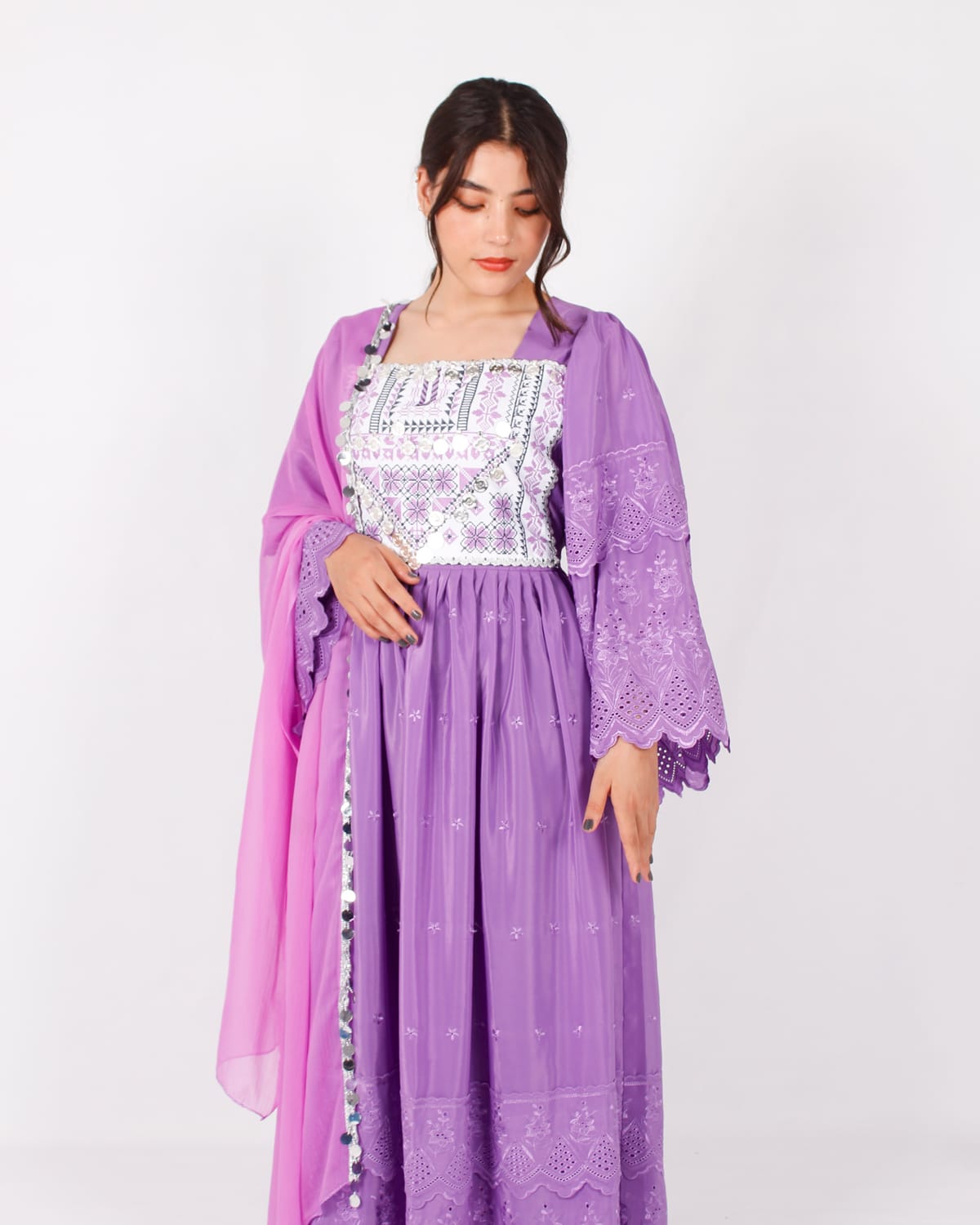Lavender Afghani Traditional Dress with Silver Embroidery and Pink Scarf