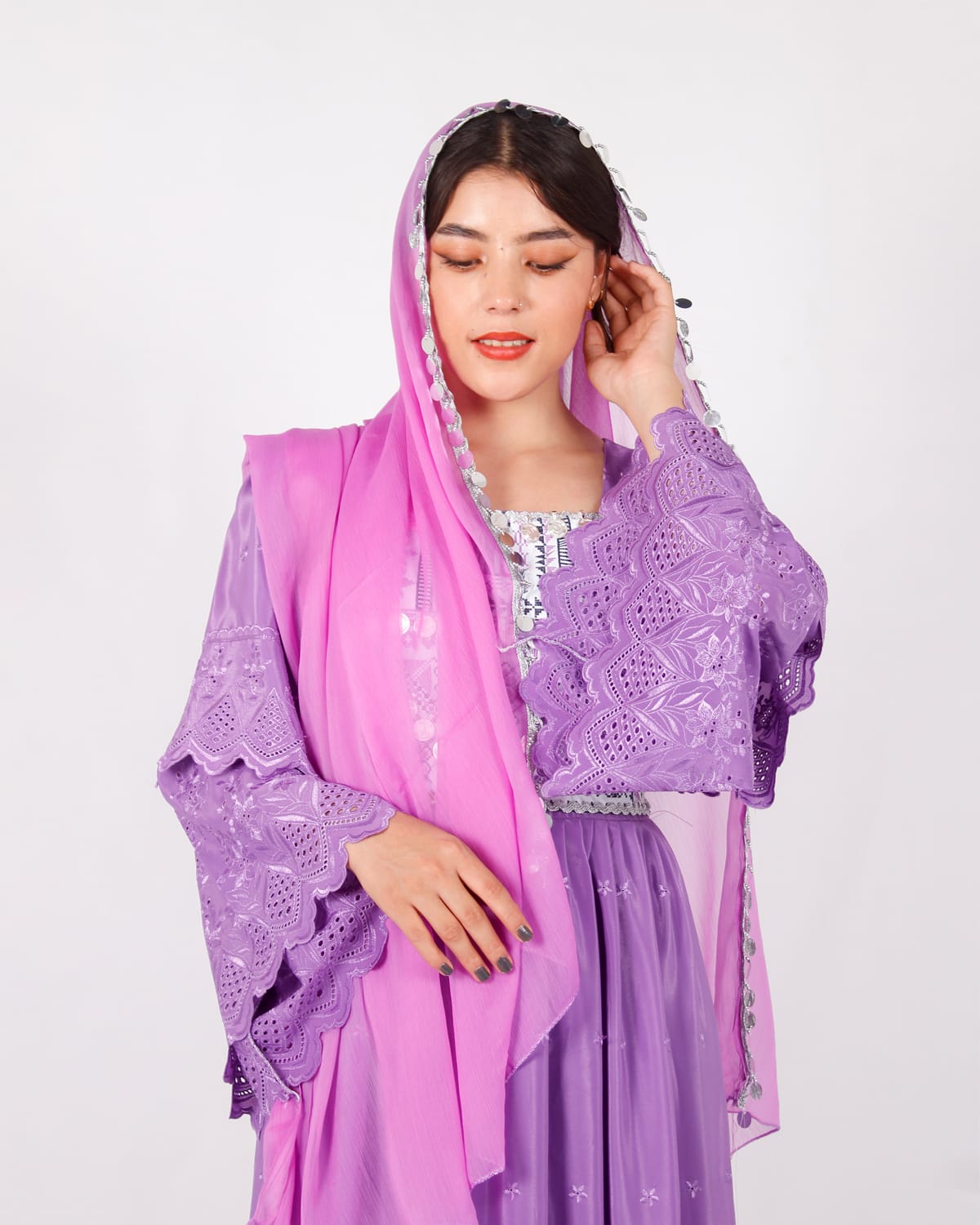 Lavender Afghani Traditional Dress with Silver Embroidery and Pink Scarf