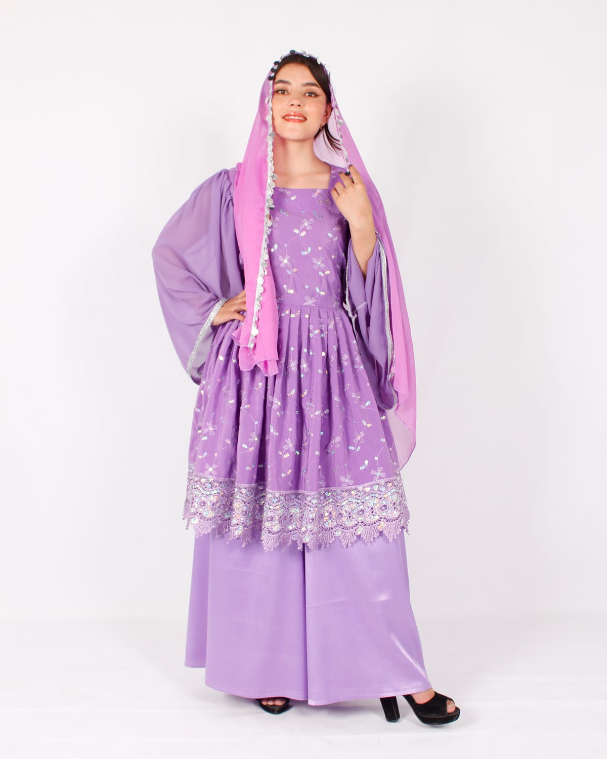 Lavender Afghani Traditional Dress with Silver Embroidery