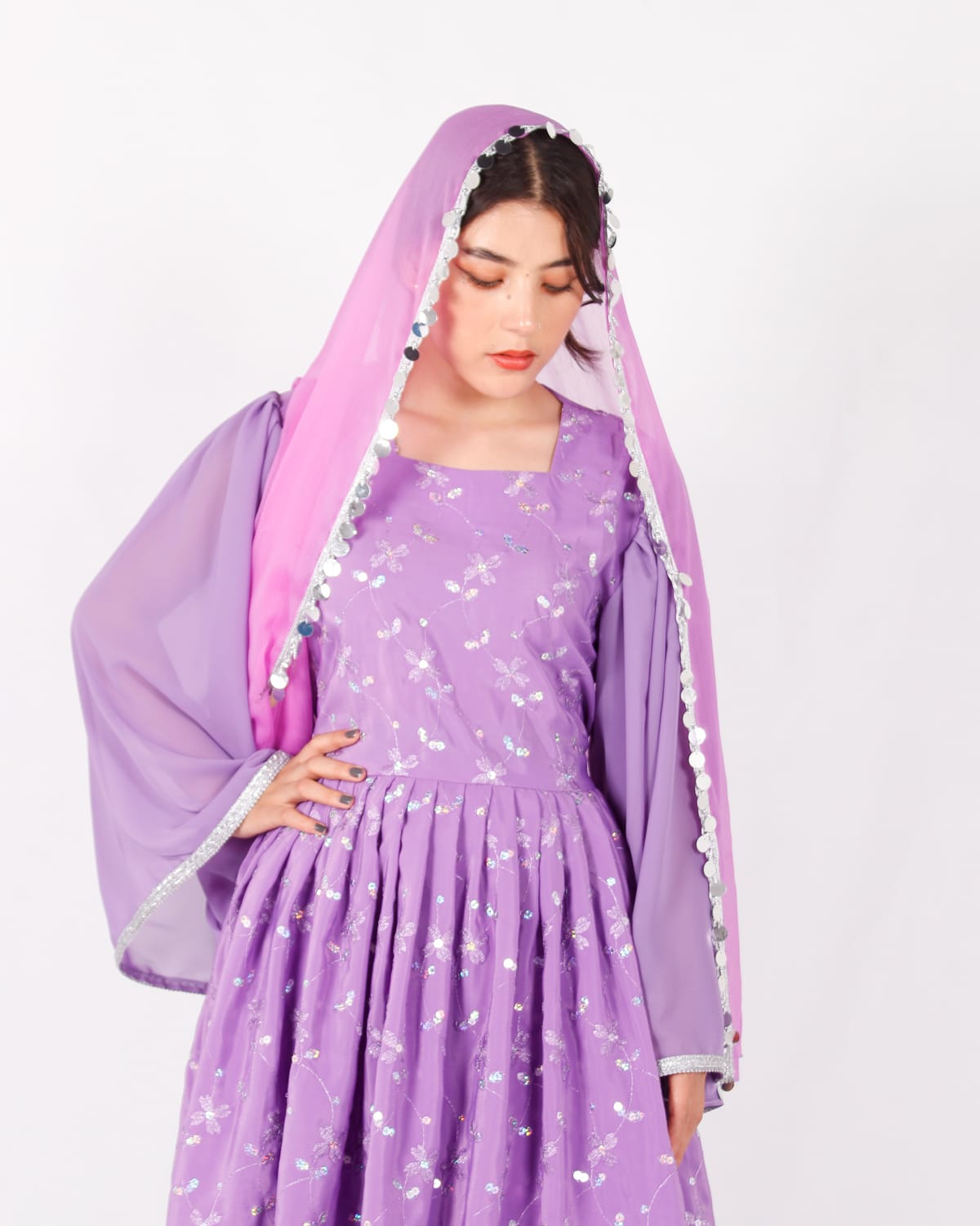 Lavender Afghani Traditional Dress with Silver Embroidery
