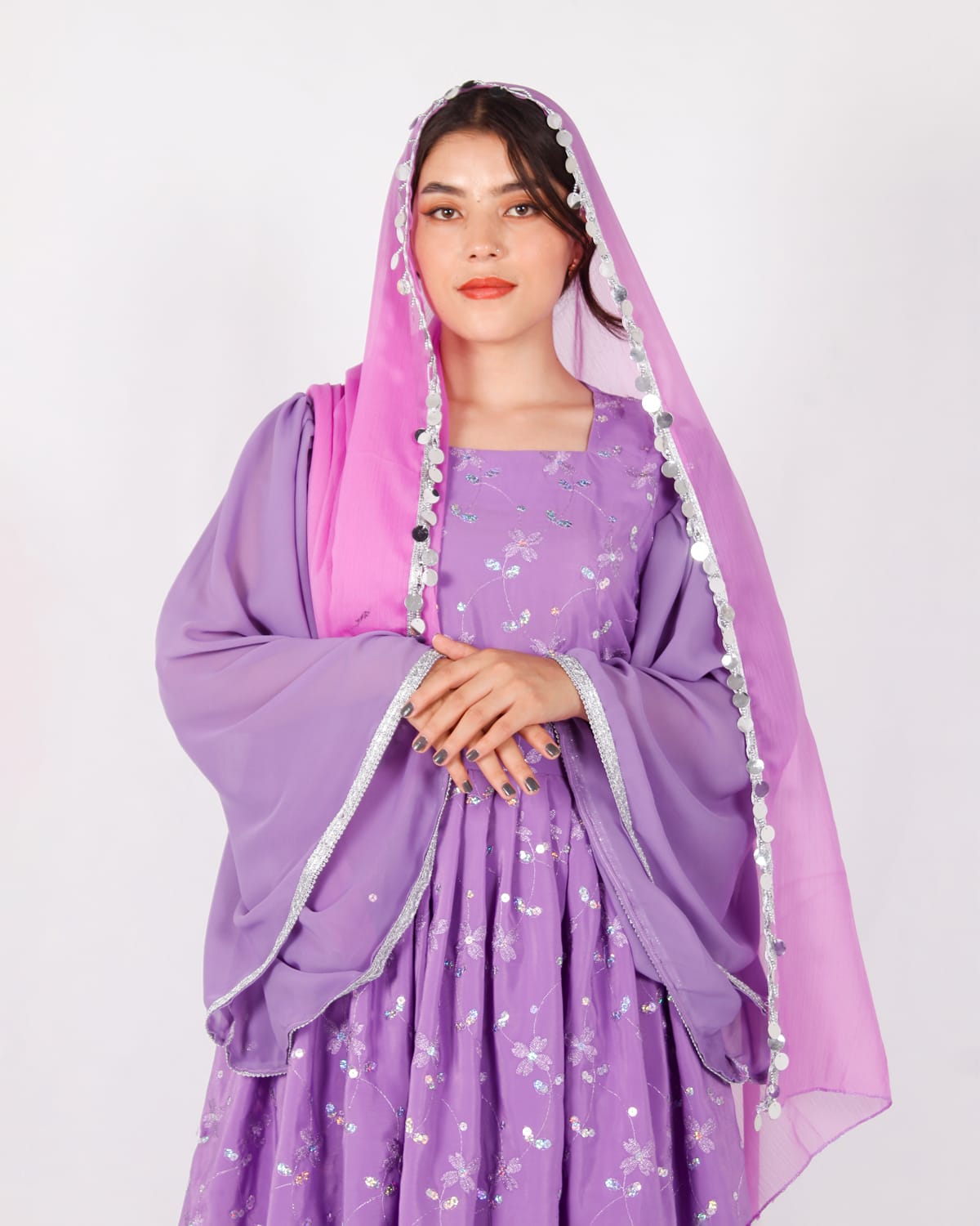 Lavender Afghani Traditional Dress with Silver Embroidery
