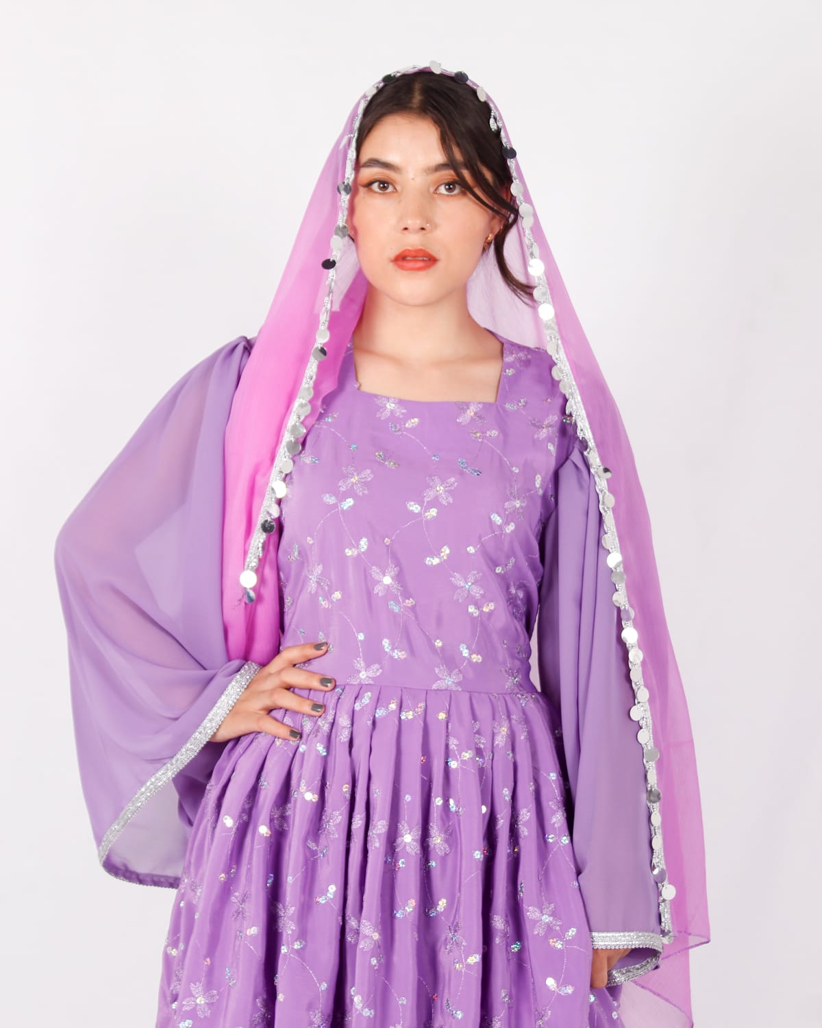 Lavender Afghani Traditional Dress with Silver Embroidery