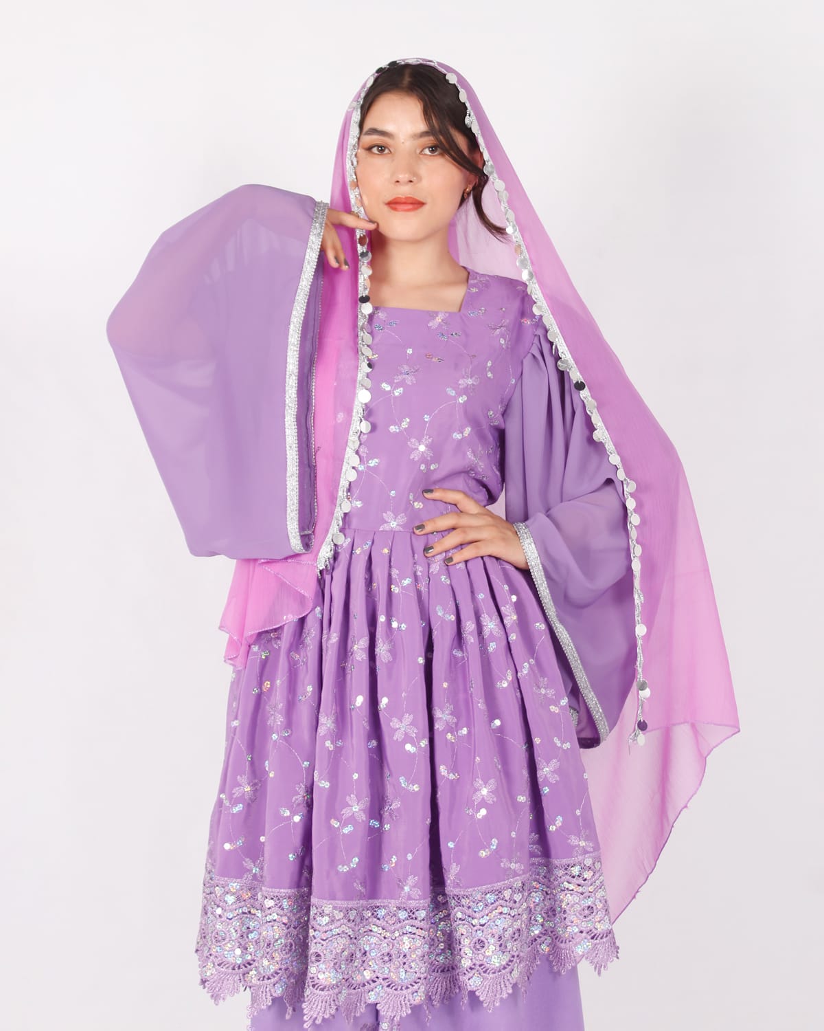 Lavender Afghani Traditional Dress with Silver Embroidery