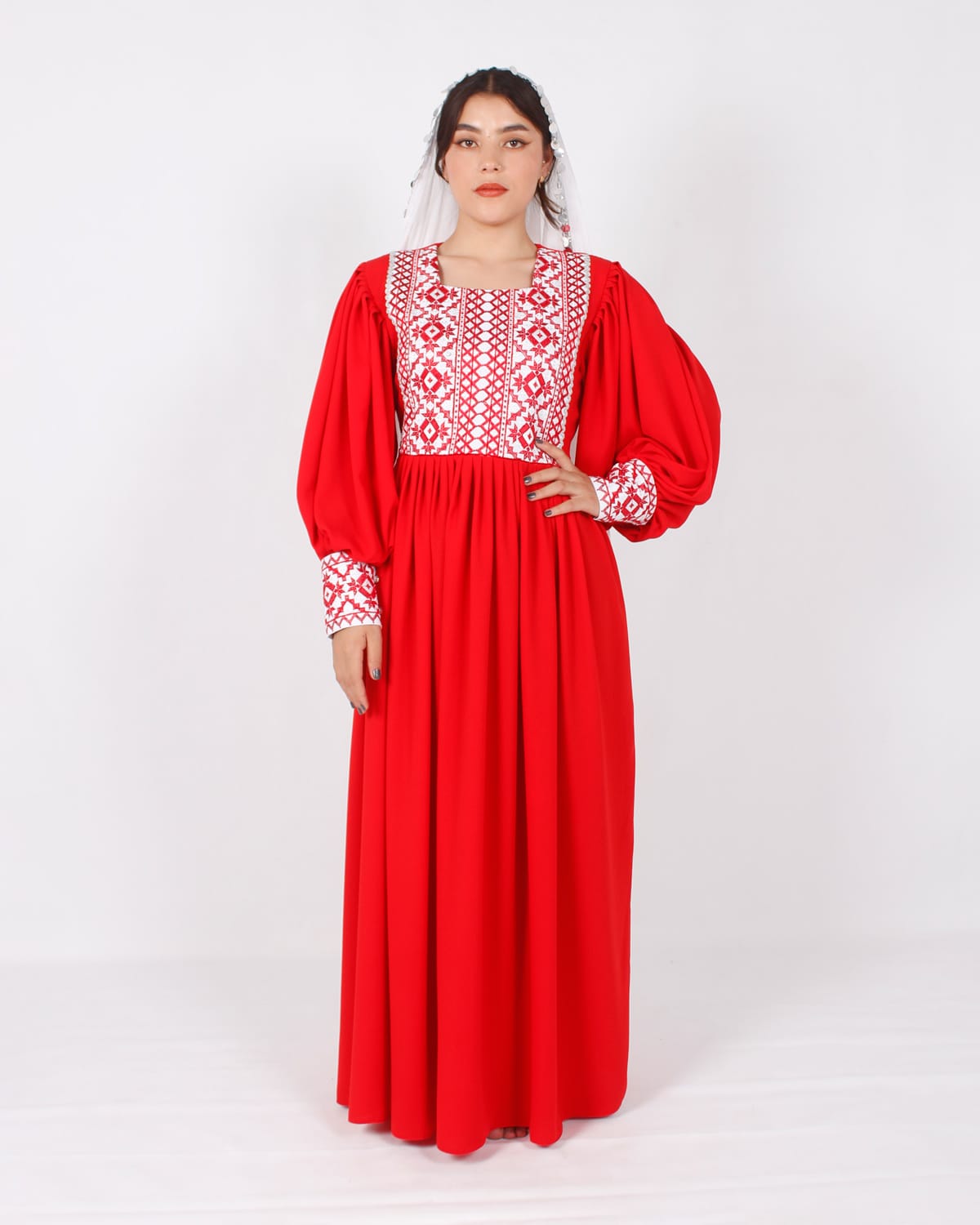 Elegant Long Red Afghani Dress with Yakhan Embroidery and White Crepe Shawl