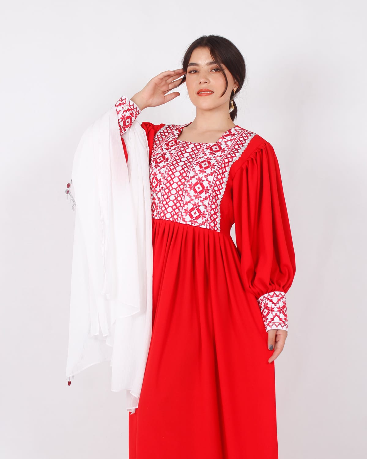 Elegant Long Red Afghani Dress with Yakhan Embroidery and White Crepe Shawl