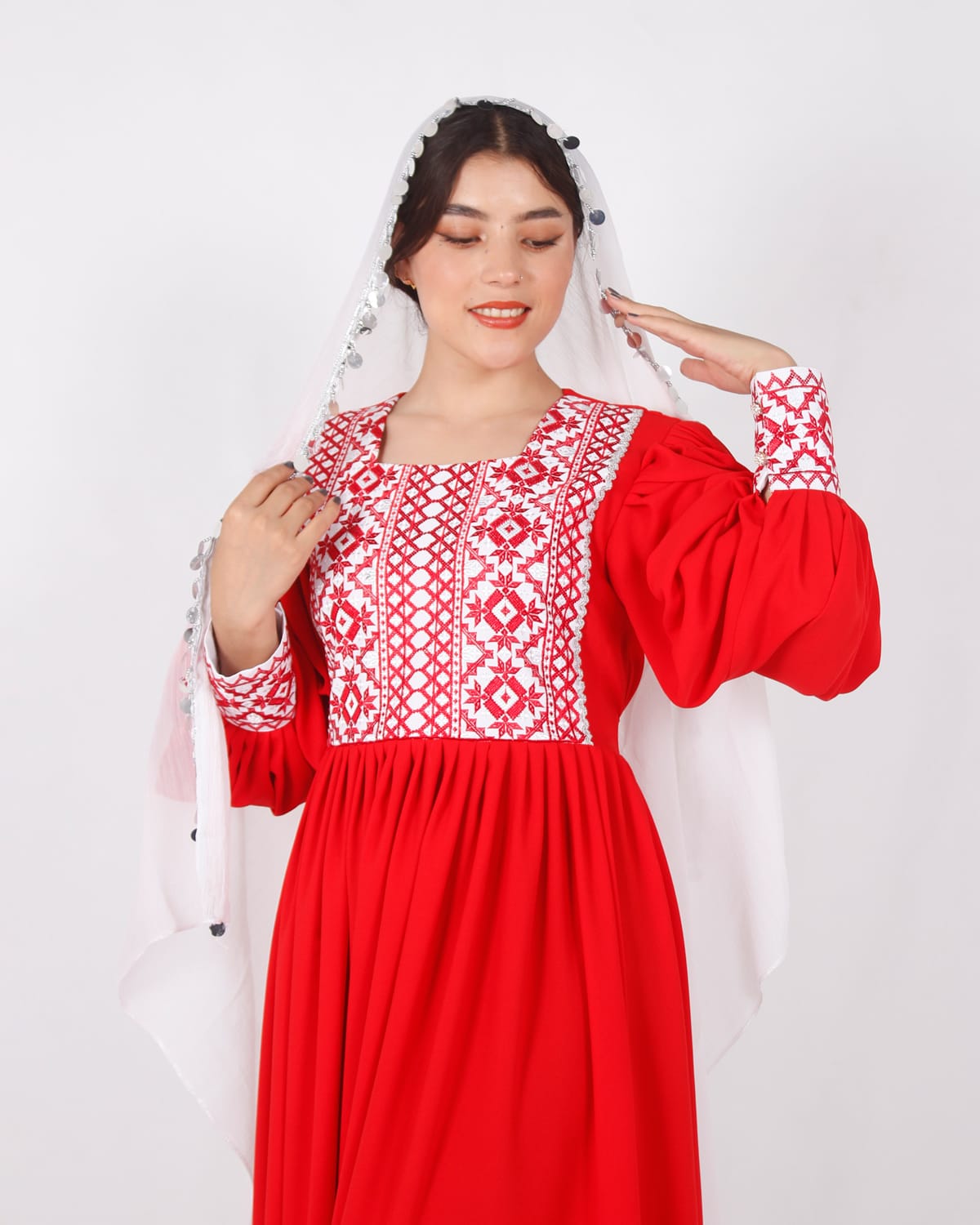 Elegant Long Red Afghani Dress with Yakhan Embroidery and White Crepe Shawl