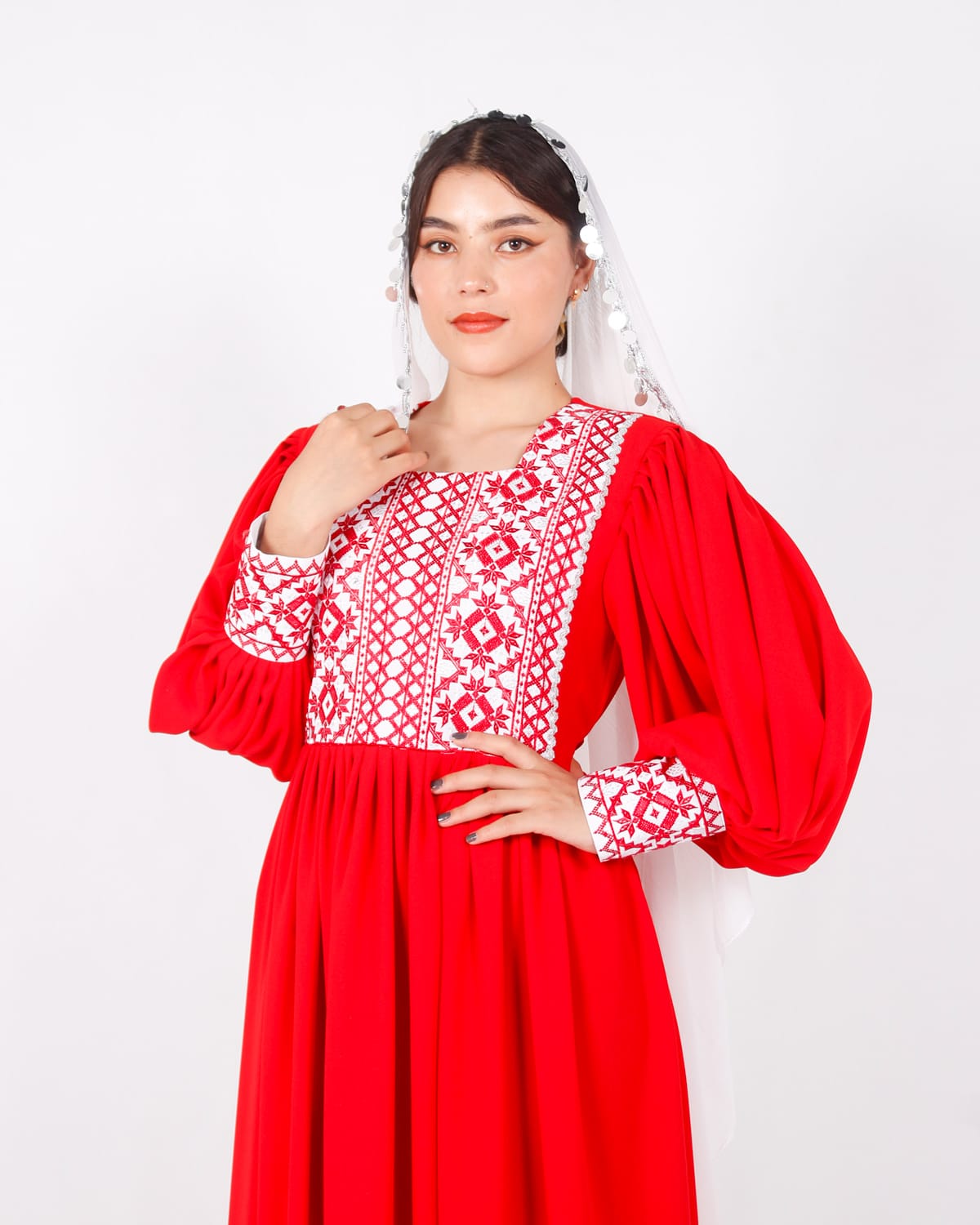 Elegant Long Red Afghani Dress with Yakhan Embroidery and White Crepe Shawl