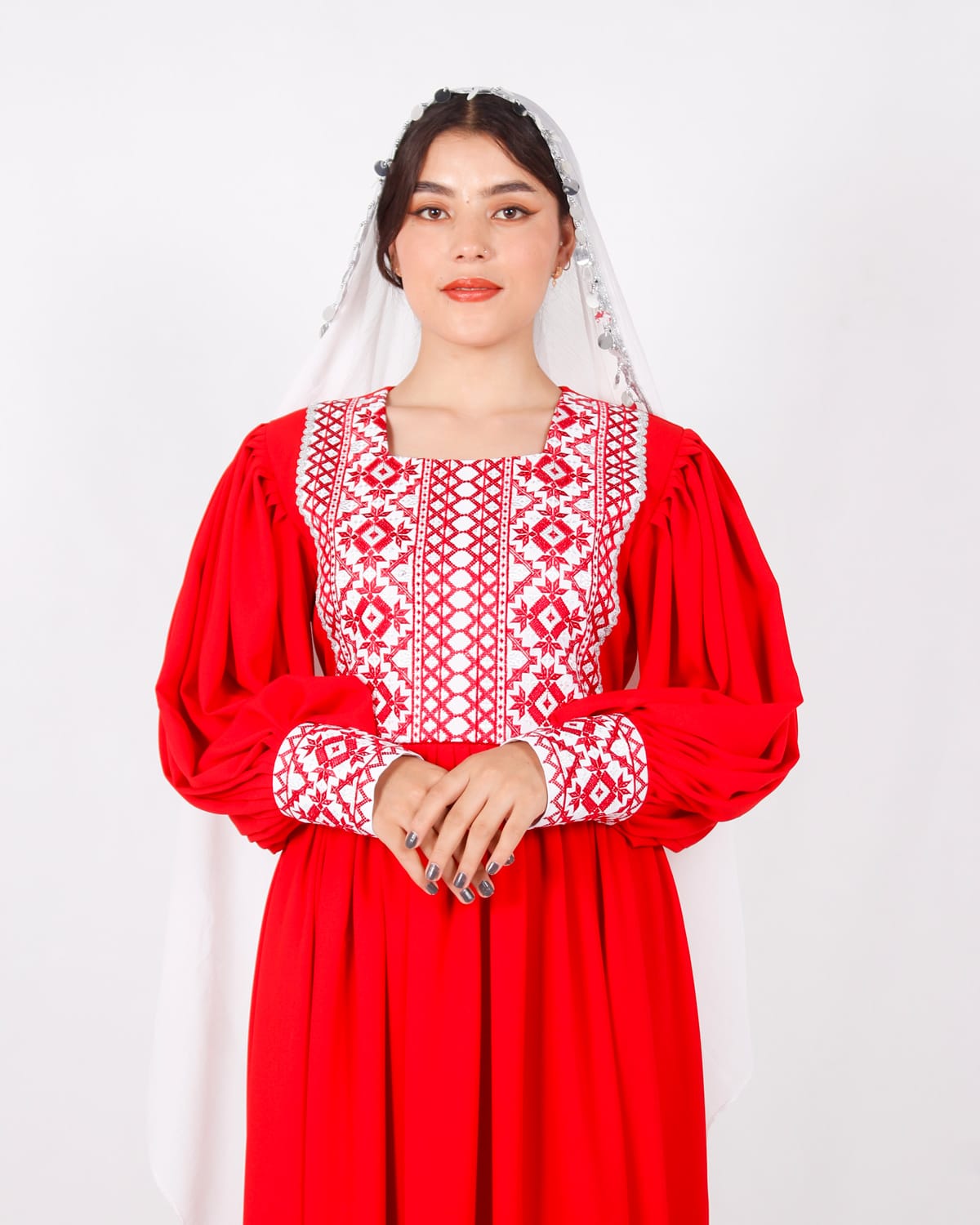 Elegant Long Red Afghani Dress with Yakhan Embroidery and White Crepe Shawl