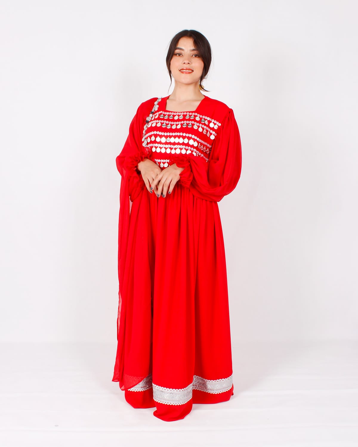 Long Red Afghani Dress with Yakhan Coins & Skirt Fita