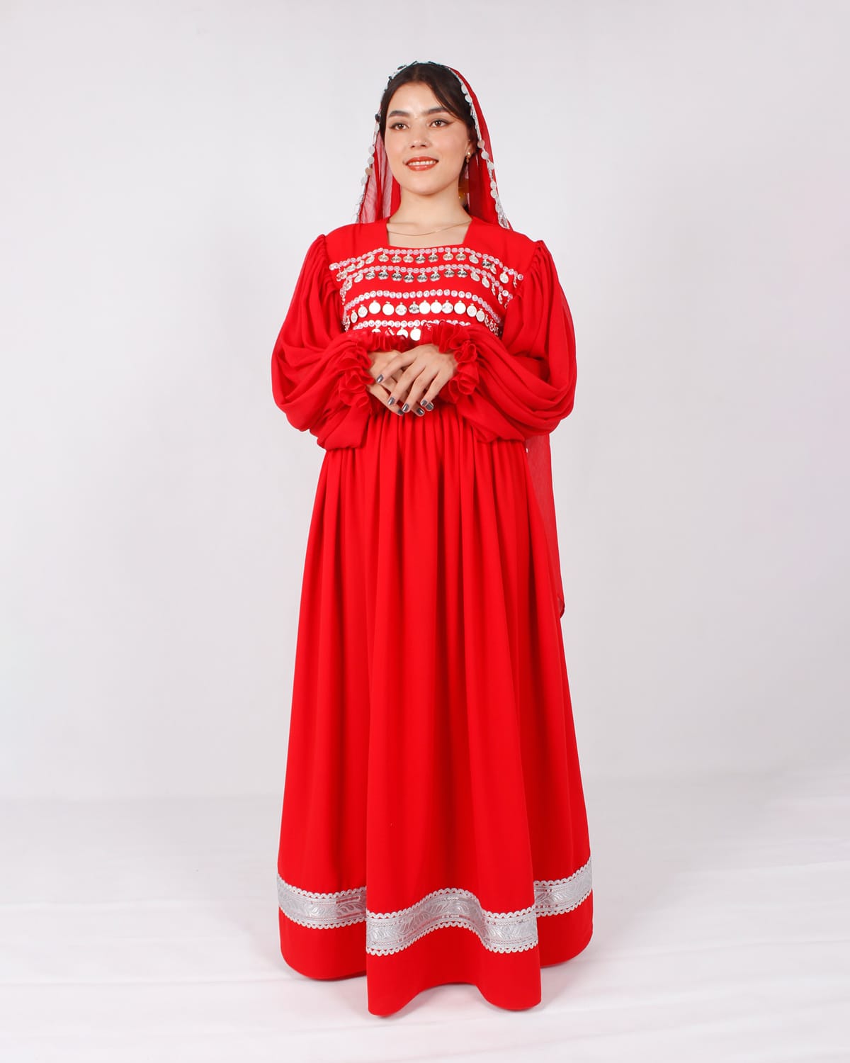 Long Red Afghani Dress with Yakhan Coins & Skirt Fita
