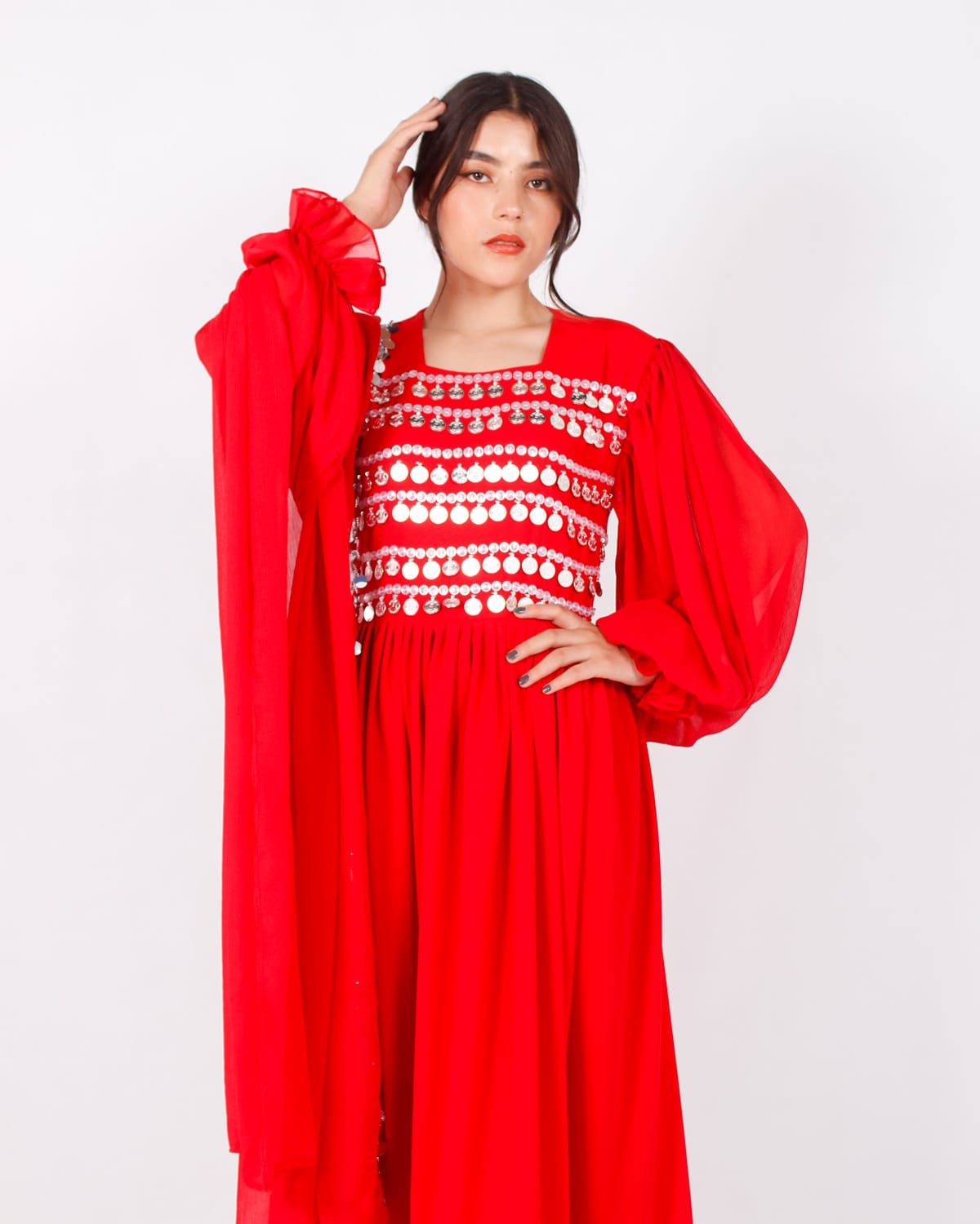 Long Red Afghani Dress with Yakhan Coins & Skirt Fita