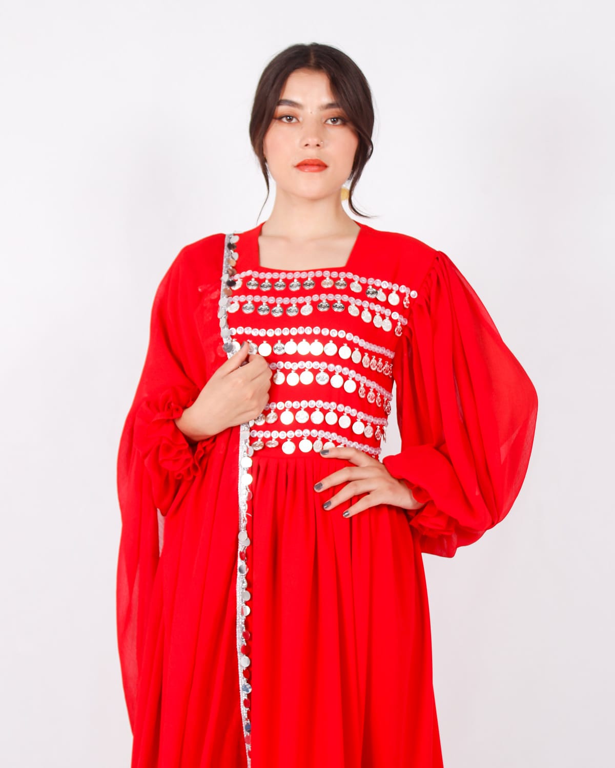 Long Red Afghani Dress with Yakhan Coins & Skirt Fita