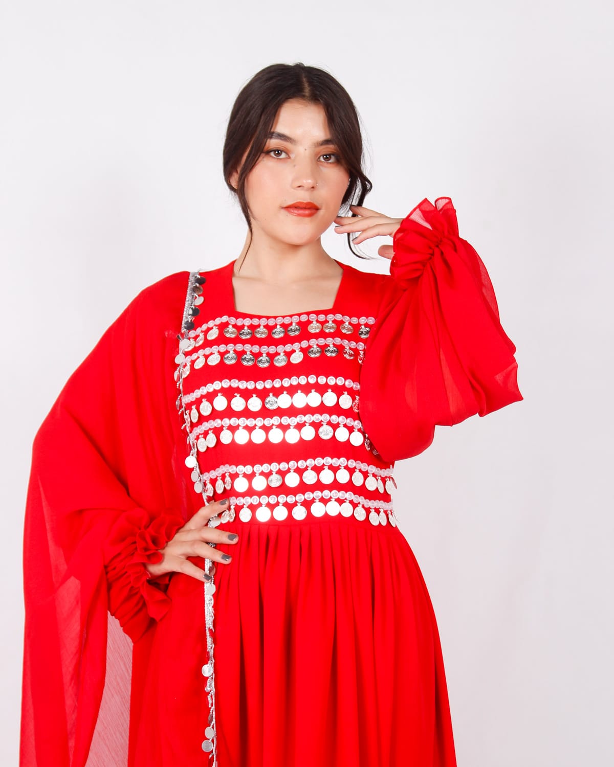 Long Red Afghani Dress with Yakhan Coins & Skirt Fita
