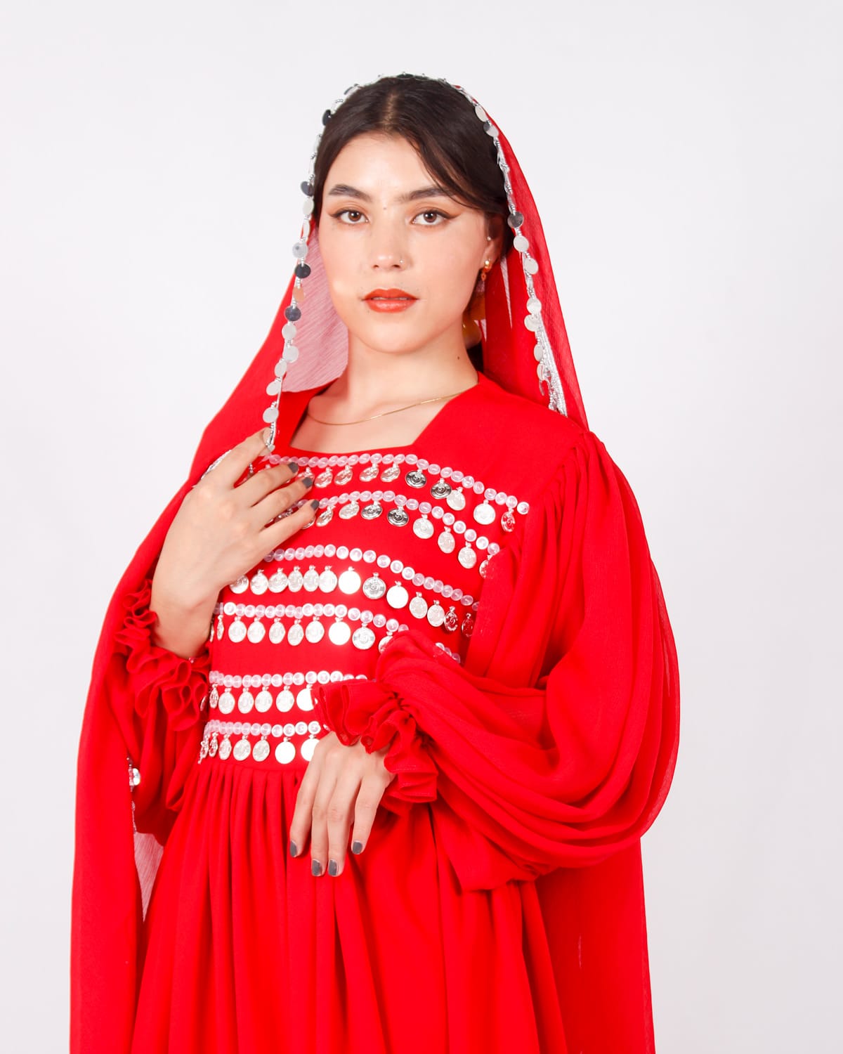 Long Red Afghani Dress with Yakhan Coins & Skirt Fita