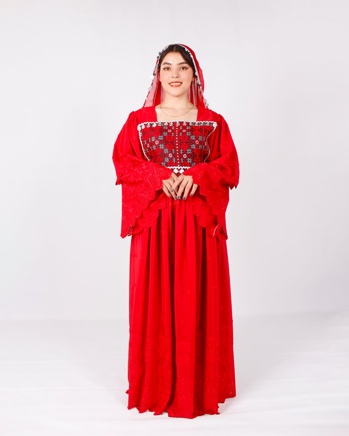 Duamina Red Long Afghani Dress with Yakhan Embroidery