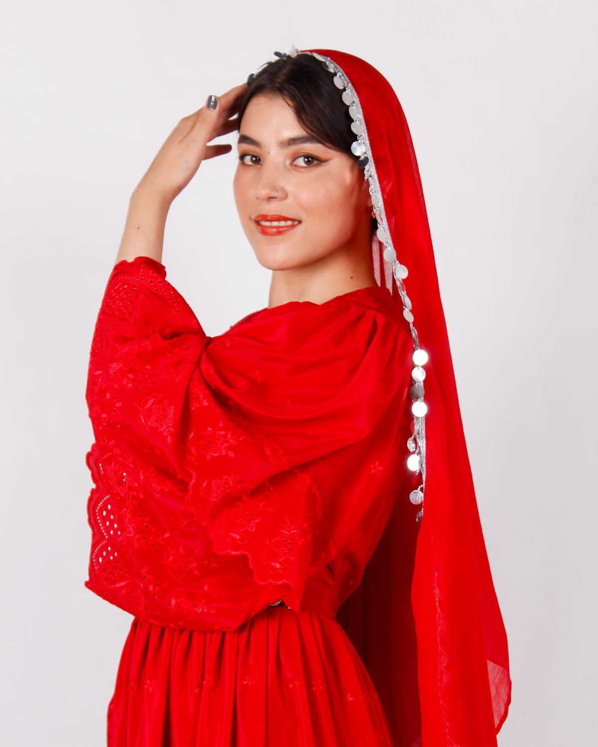 Duamina Red Long Afghani Dress with Yakhan Embroidery
