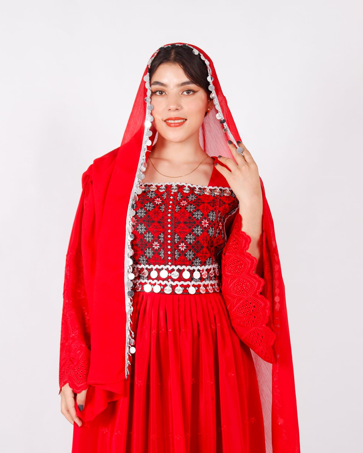 Duamina Red Long Afghani Dress with Yakhan Embroidery