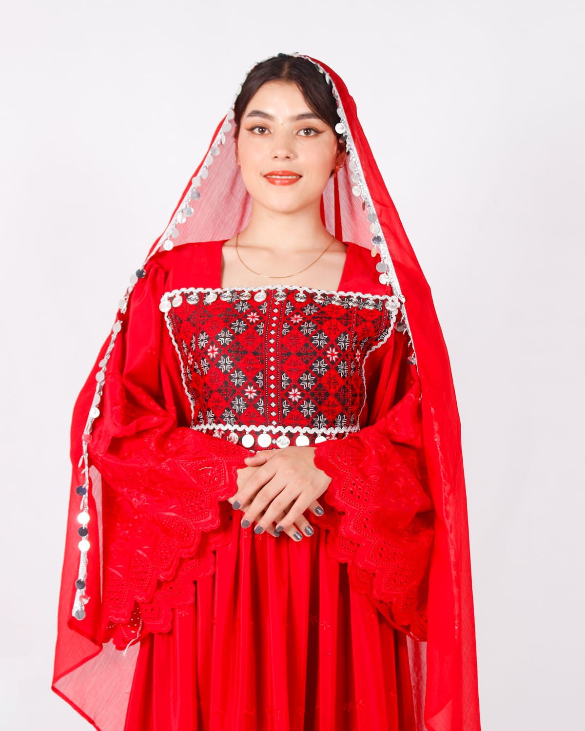 Duamina Red Long Afghani Dress with Yakhan Embroidery