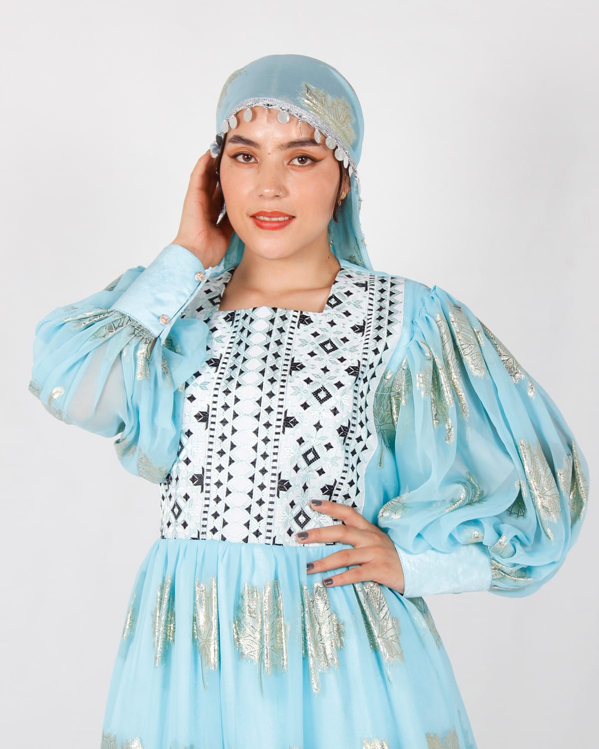Afghani White and Blue Yakhan Dress with White Pants – Machine Embroidery