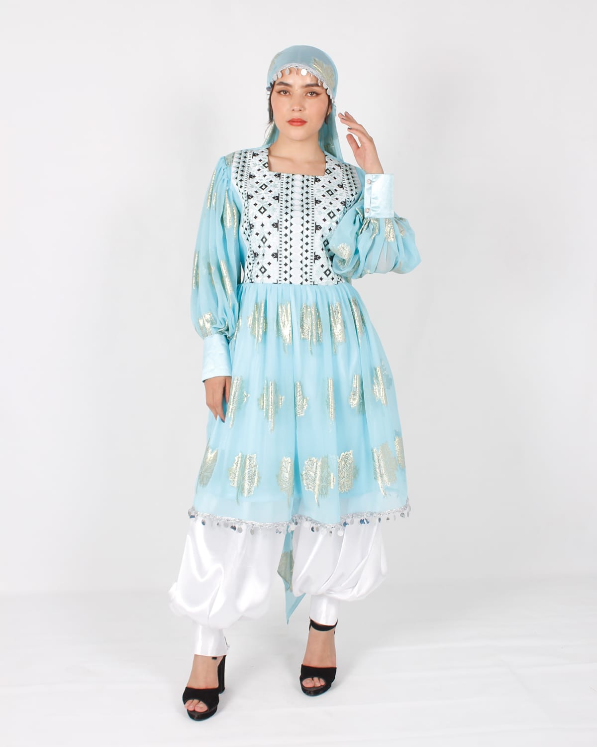 Afghani White and Blue Yakhan Dress with White Pants – Machine Embroidery