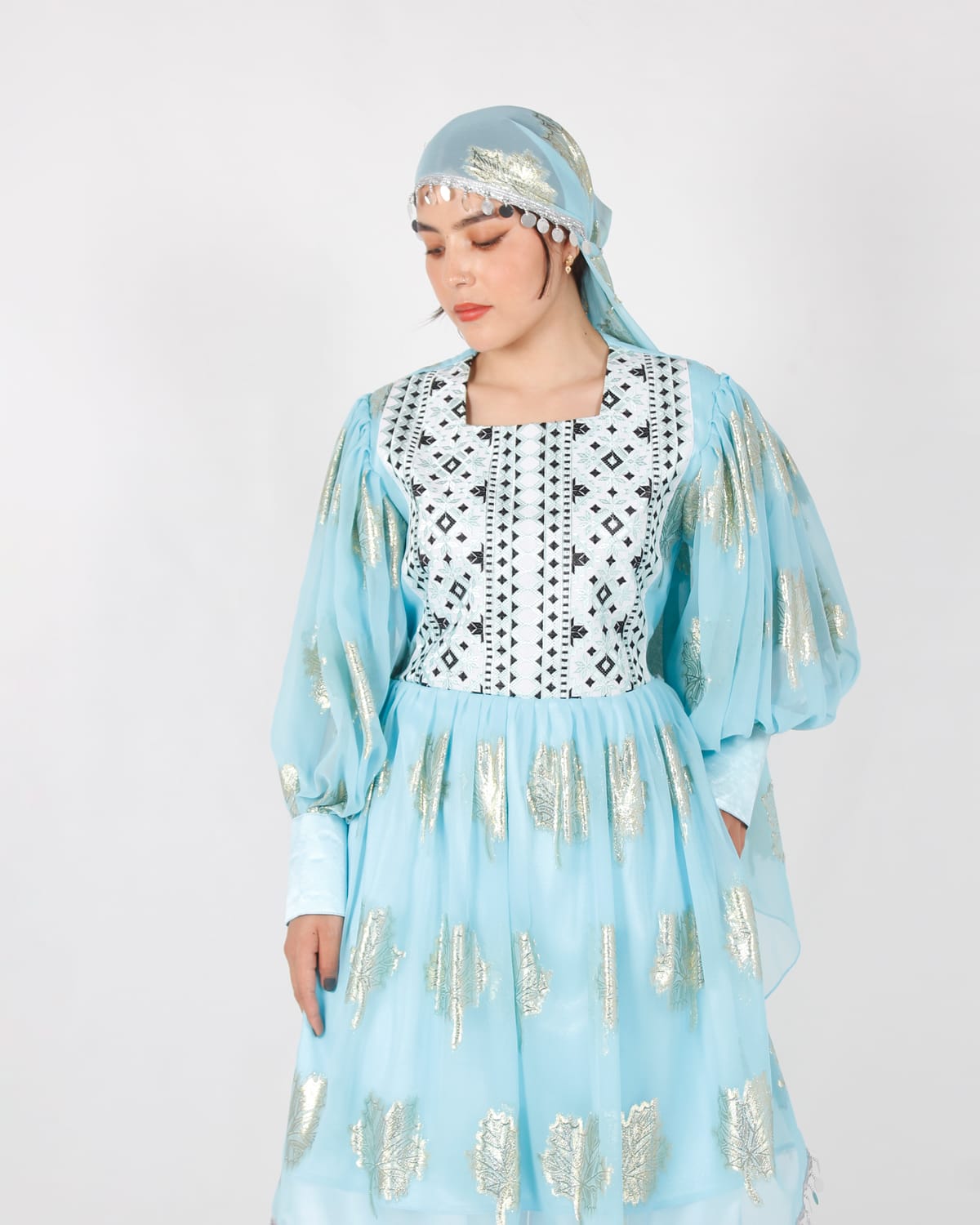 Afghani White and Blue Yakhan Dress with White Pants – Machine Embroidery