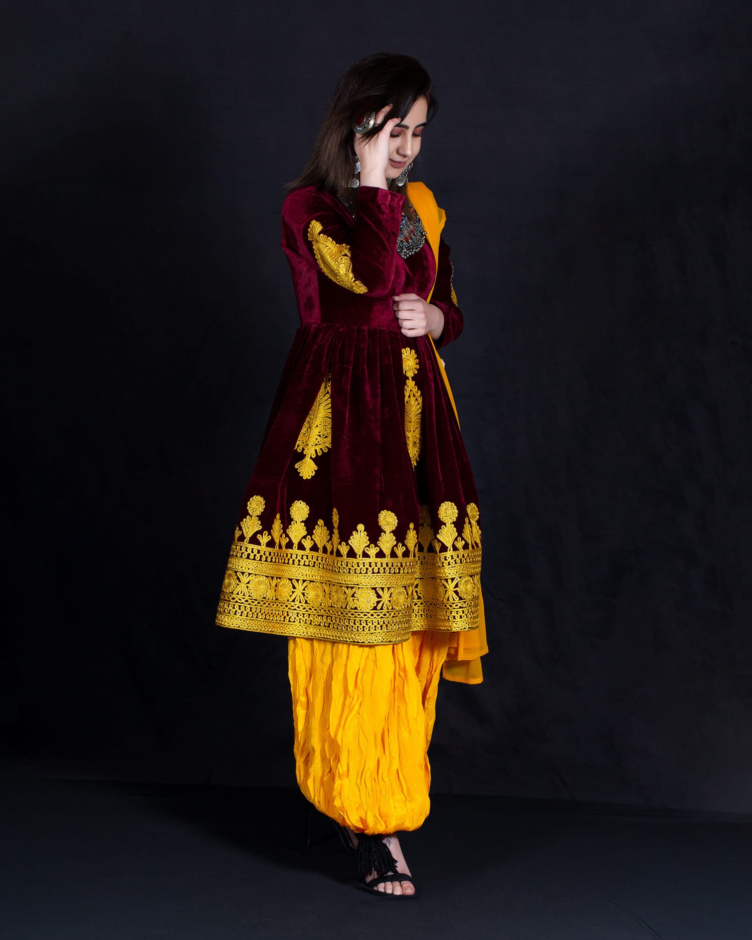 Velvet Silk Dress with Embroidered Skirt & Tribal Pants