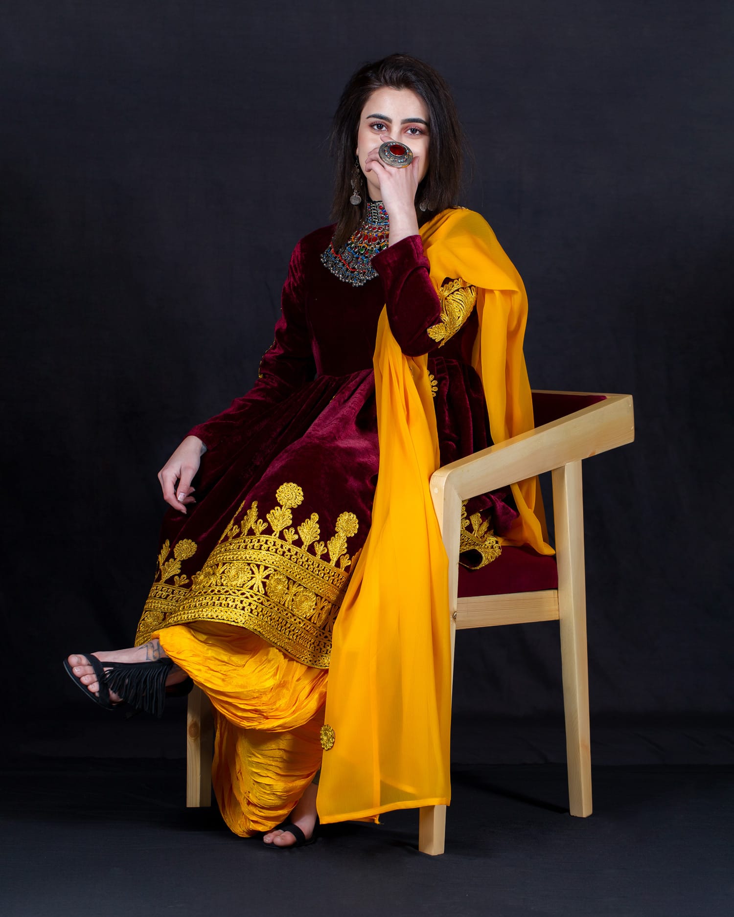 Velvet Silk Dress with Embroidered Skirt & Tribal Pants