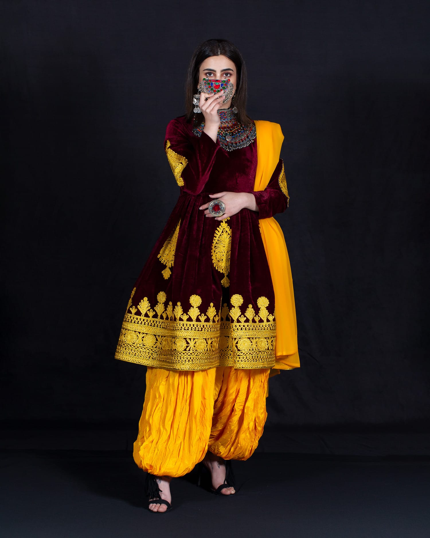 Velvet Silk Dress with Embroidered Skirt & Tribal Pants
