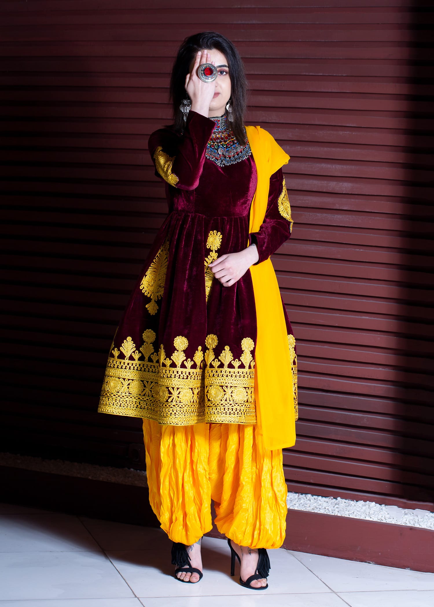 Velvet Silk Dress with Embroidered Skirt & Tribal Pants