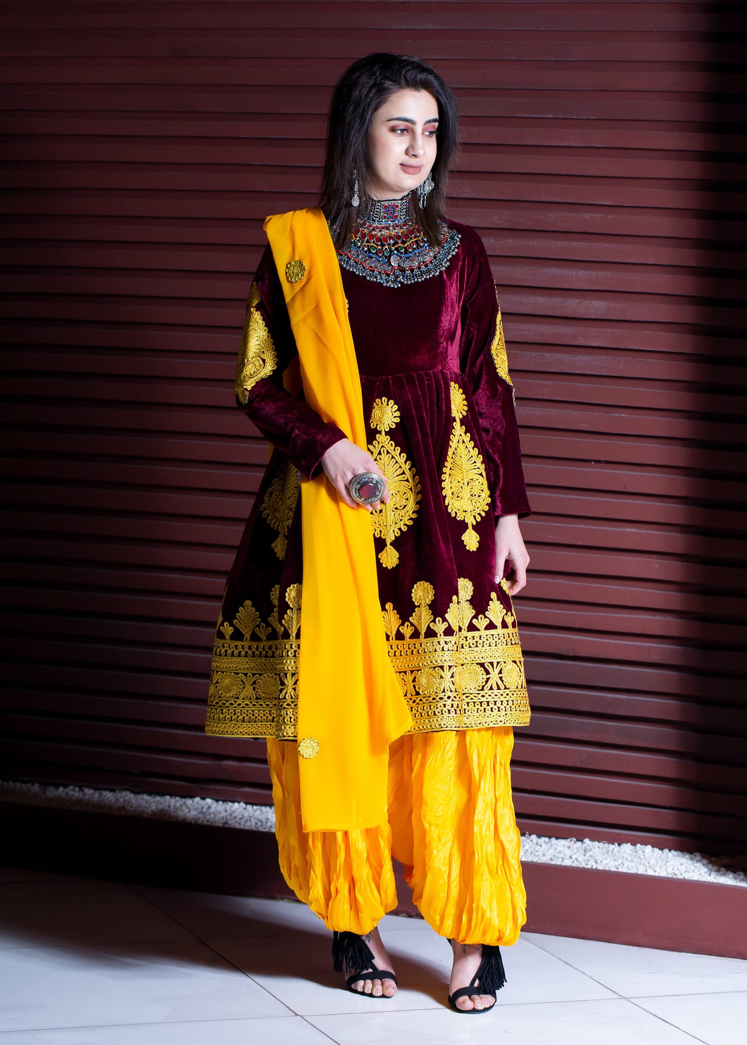 Velvet Silk Dress with Embroidered Skirt & Tribal Pants