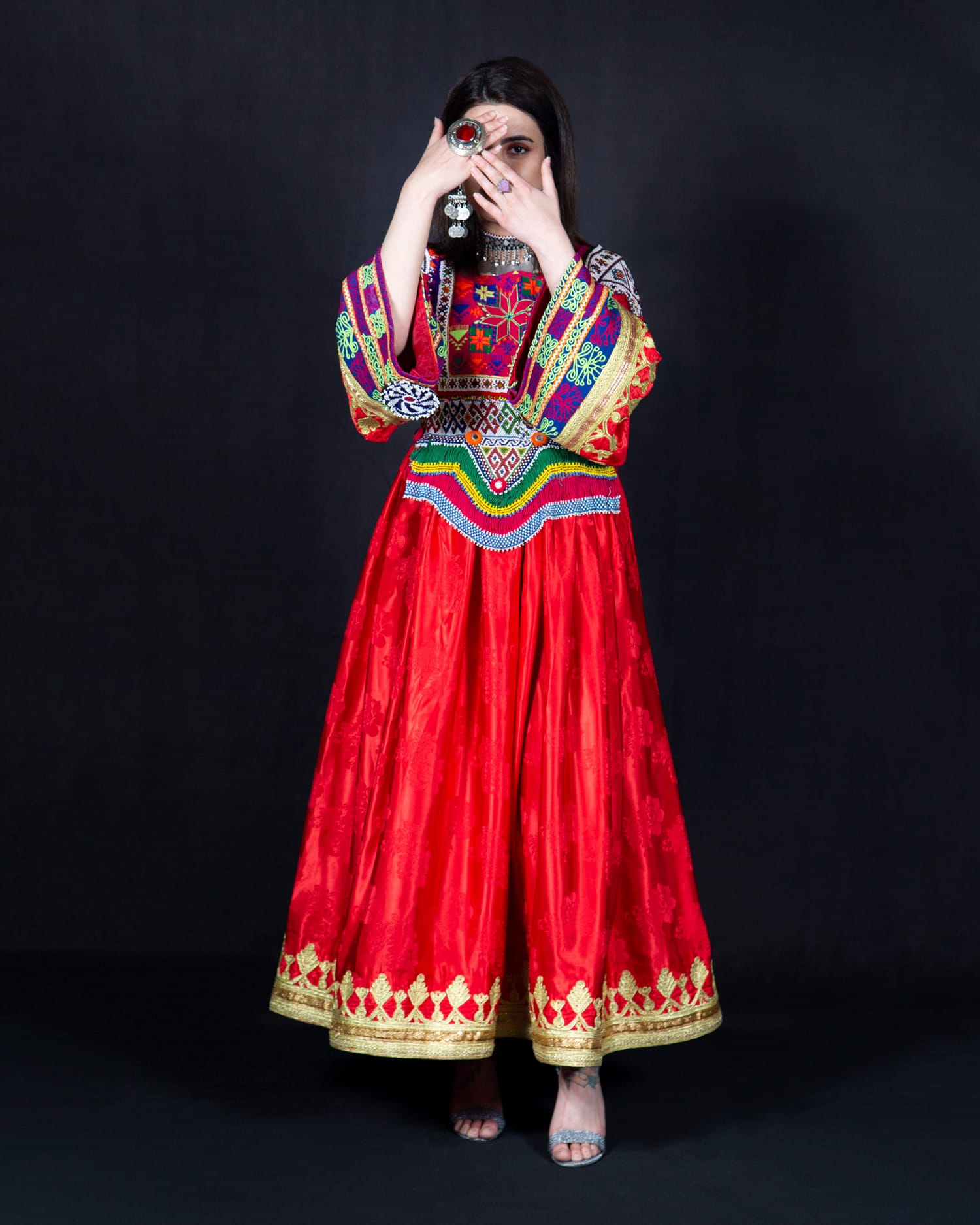 Afghan Dress Hand Embroidery Floral Satin Dress