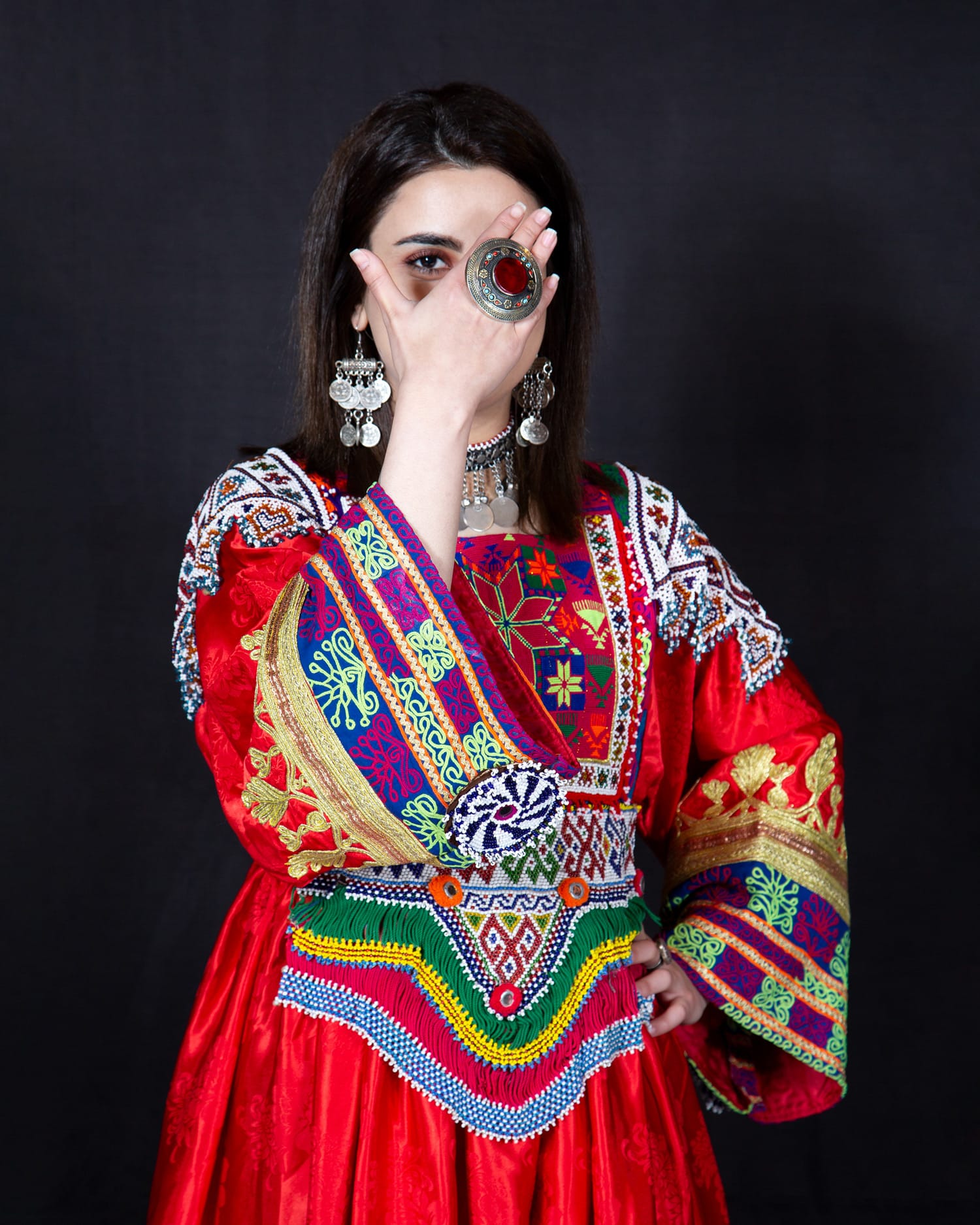 Afghan Dress Hand Embroidery Floral Satin Dress