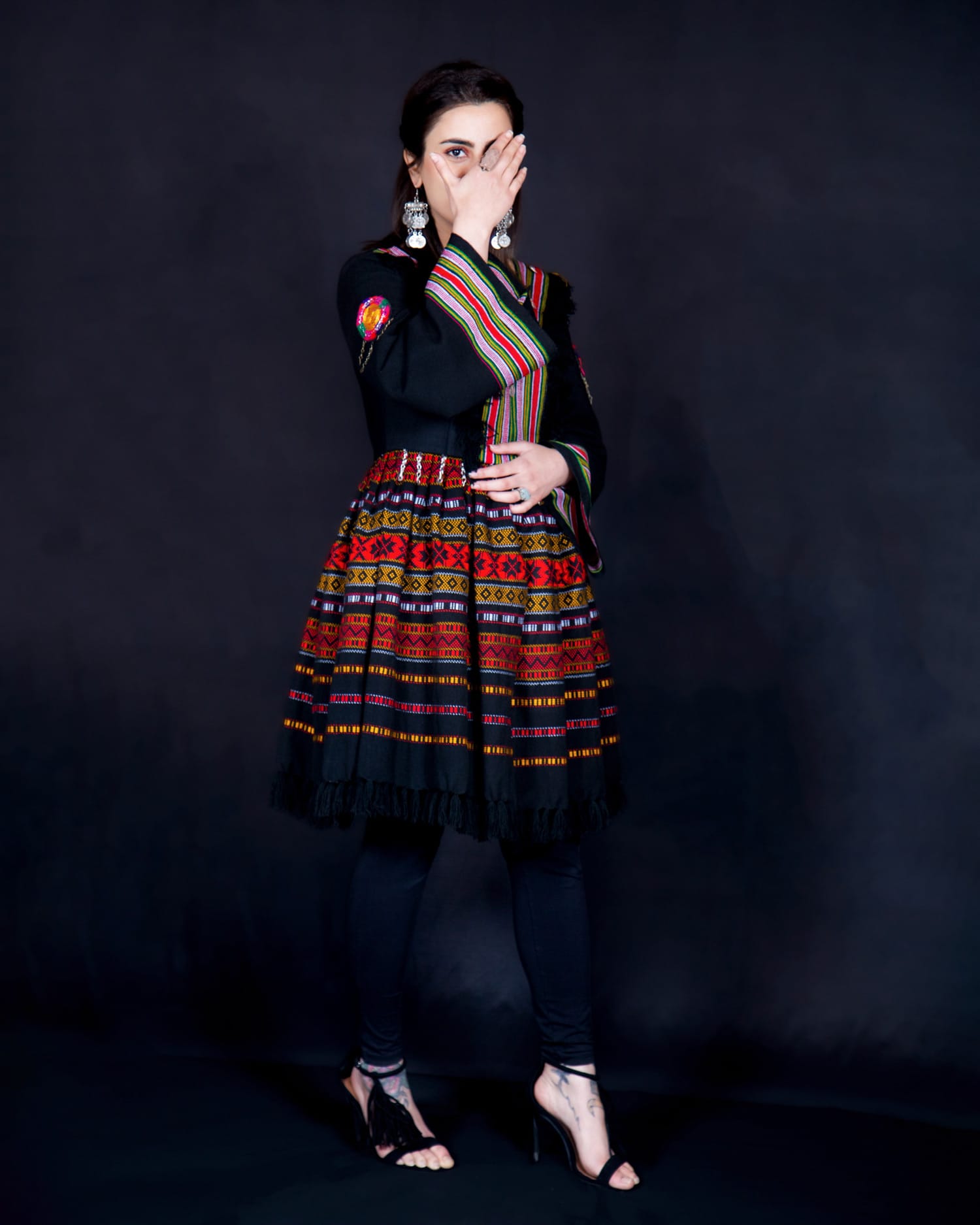 Handwoven Poncho Shawl with Coin and Chain Design