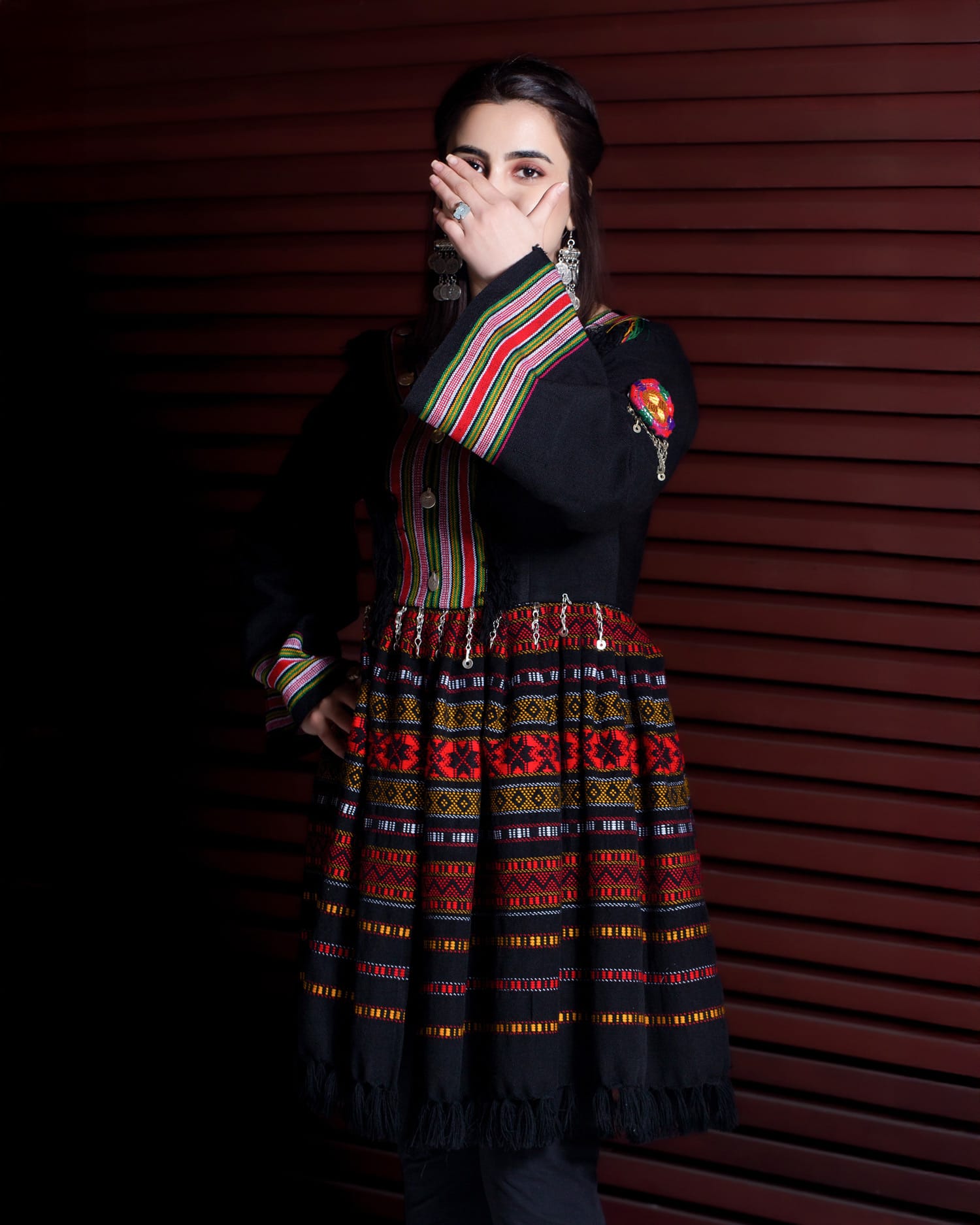 Handwoven Poncho Shawl with Coin and Chain Design